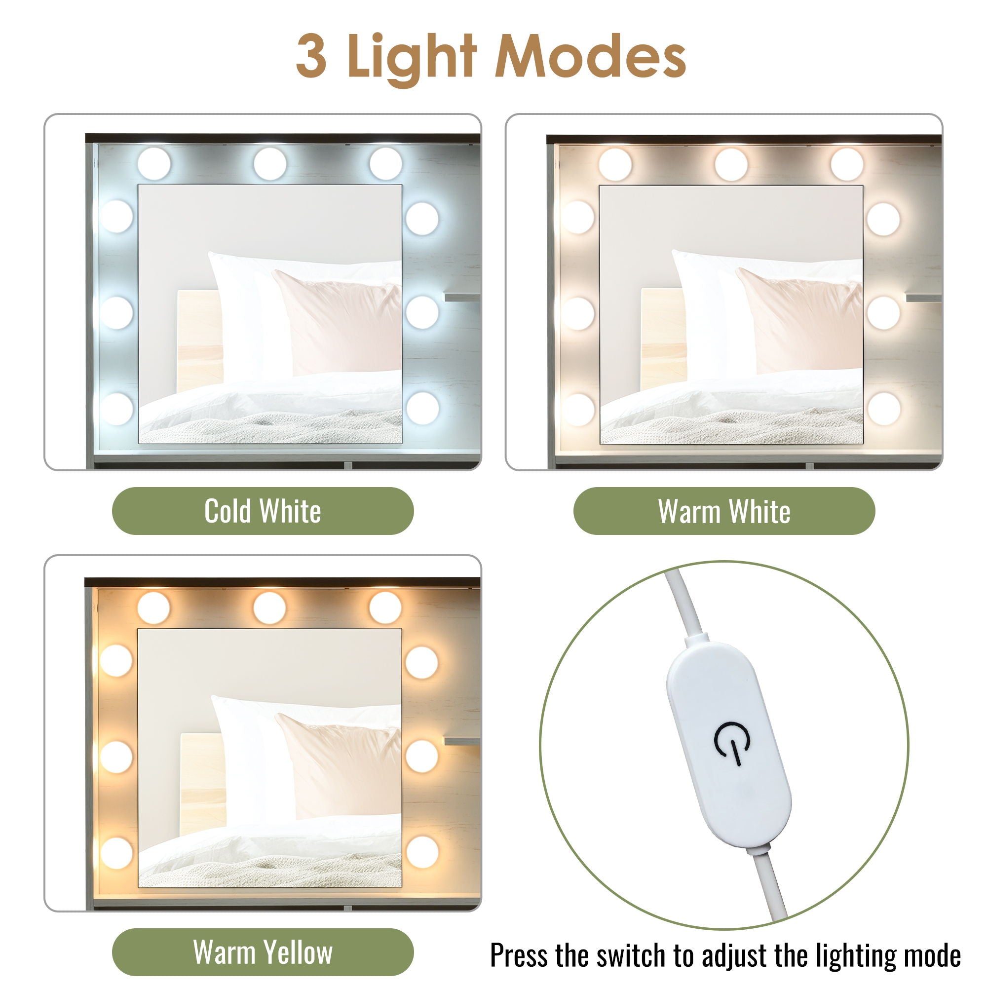 Farmhouse Makeup Vanity Desk With Mirror And Lights, 3 Lighting Modes, Vanity Set With Stool, Dressing Table With Adjustable Shelves, 2 Drawers And Side Cabinet For Bedroom - White