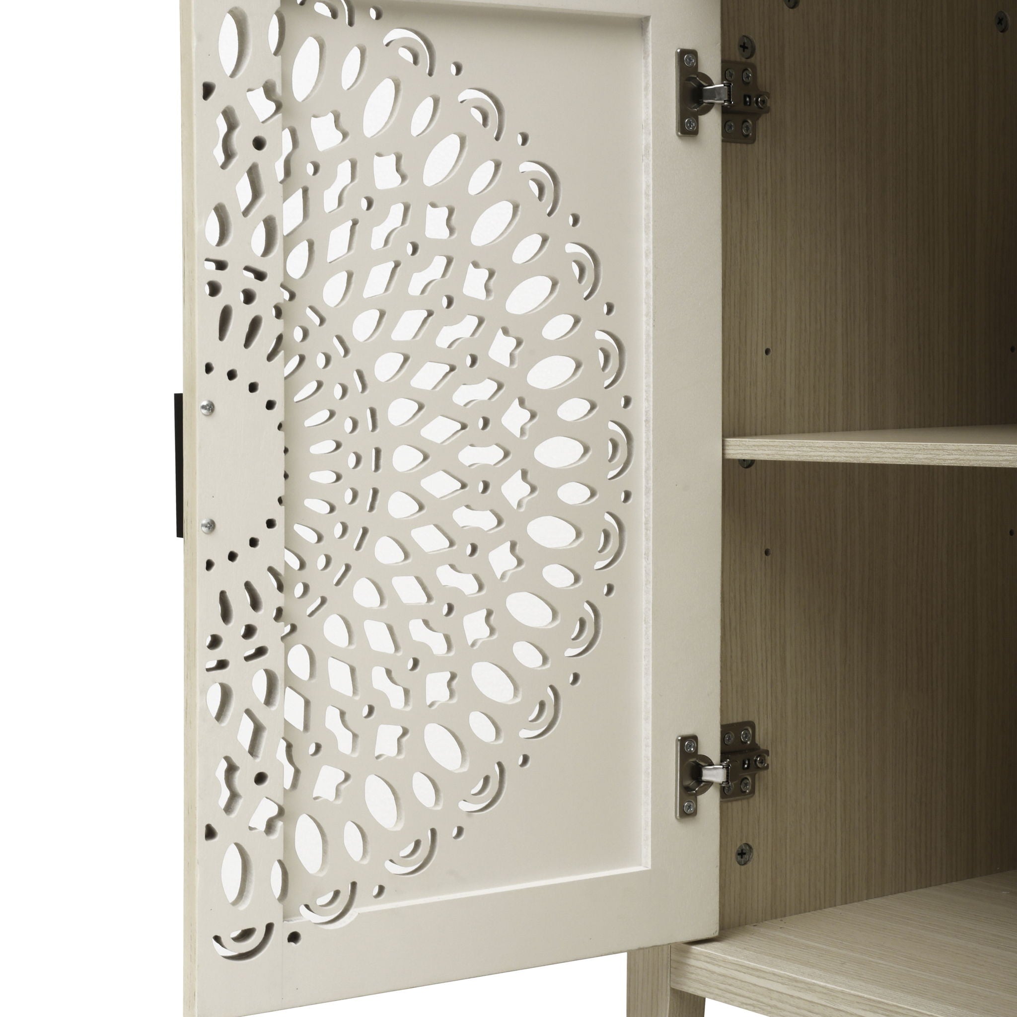 Hollow Carved 2 Door Accent Cabinet Sideboard Buffet Storage Cabinet With Adjustable Shelf For Entryway Living Room Bedroom - Natural