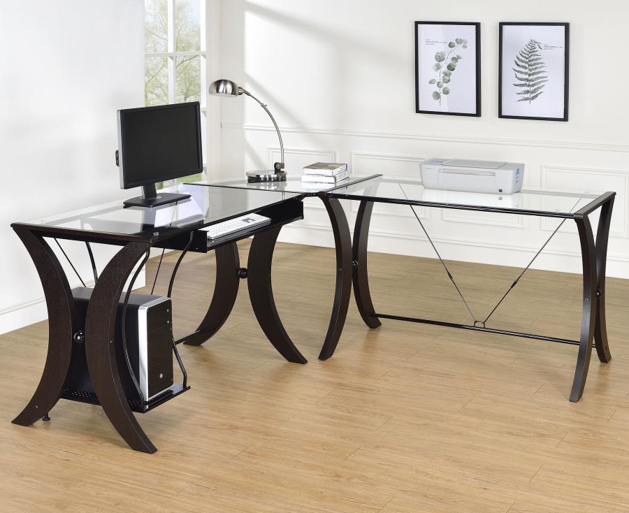 Coaster Fine Furniture Monterey - Glass Top L-Shape Computer Desk - Cappuccino | Meri Furniture