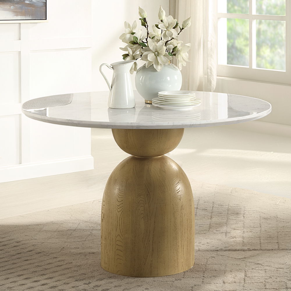 ACME Kala - Round Dining Table With Marble Top - Natural Marble Top & Oak Finish | Meri Furniture