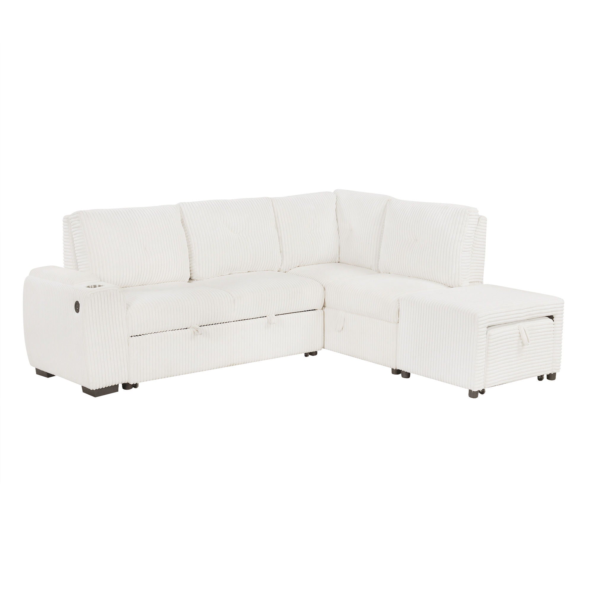 Pull-Out L-Shaped Sectional Sofa With Movable Ottoman And Stool, Large Storage Space, A Cup Holder, And 2 USB Ports For Living Room