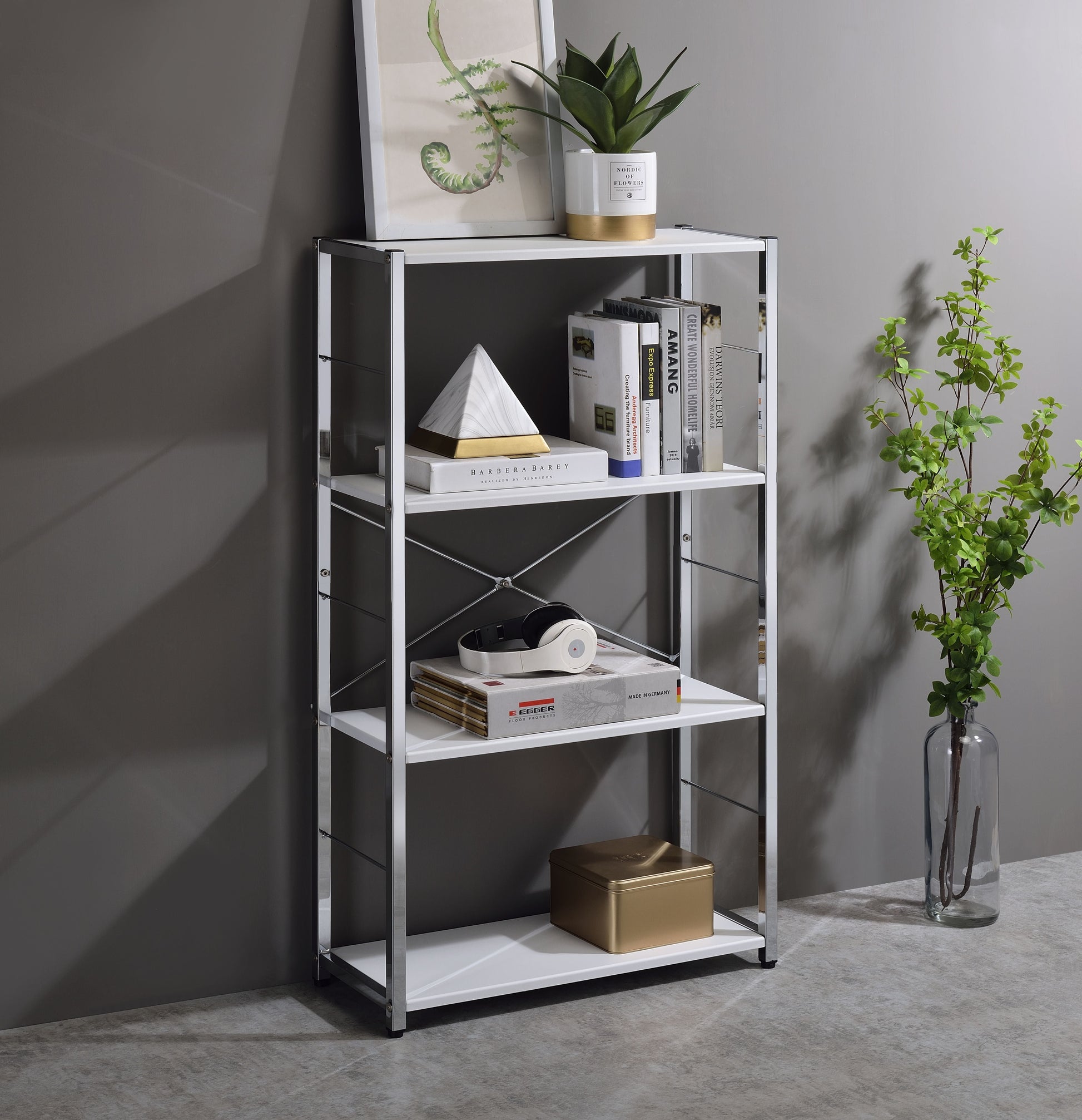 ACME Rectangular BookshelfModern Concise Design Chrome Metal Frame X-Shape Cross Bar4 Tier Shelf Book Case | Meri Furniture