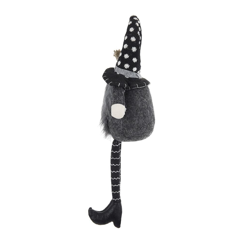 Sitting Gnome With Broomstick & Soft Legs, For Halloween Decor - Black White