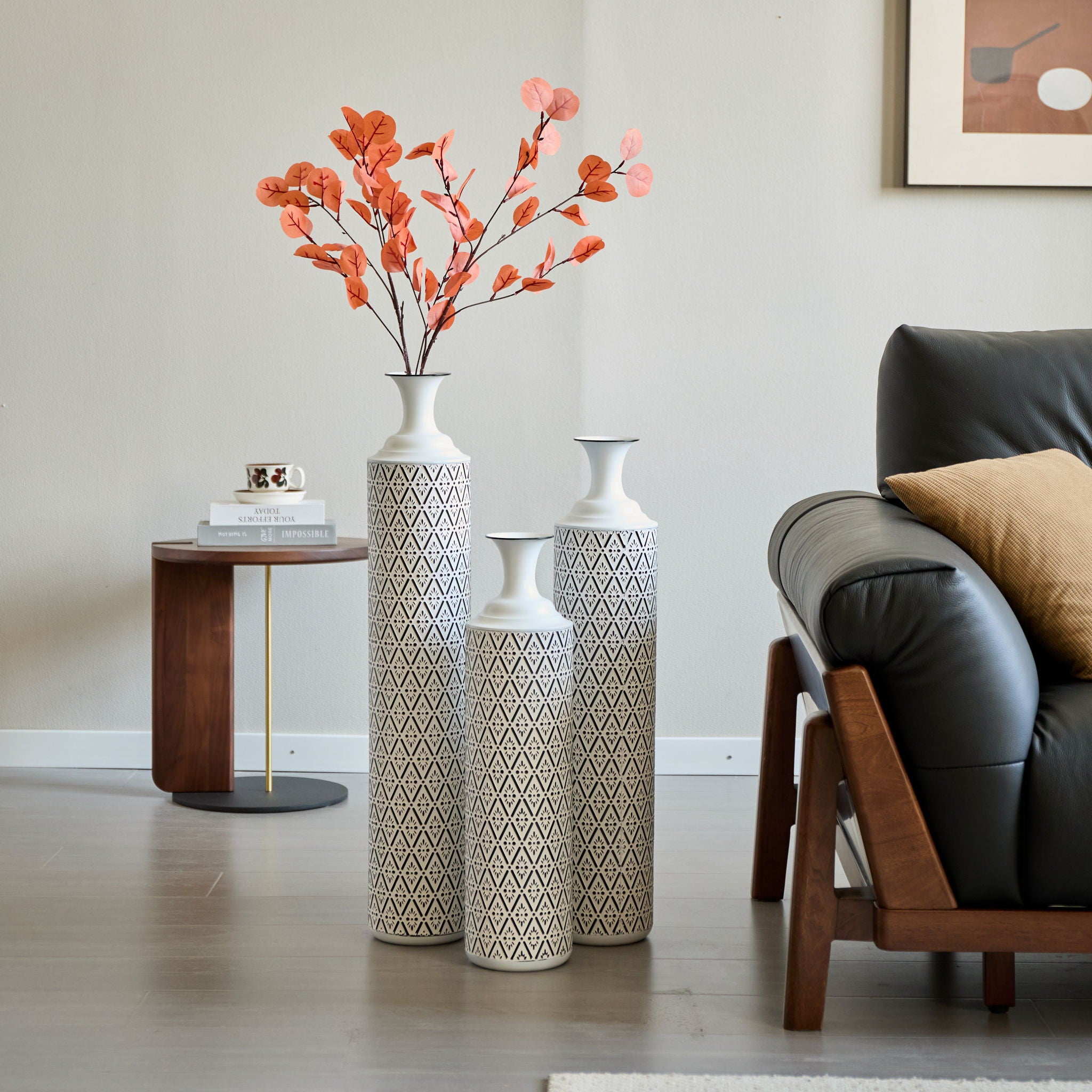 Modern Floor Vase Set Metal Vases With Geometric Pattern, 3 Piece Home Decor Set - White / Black