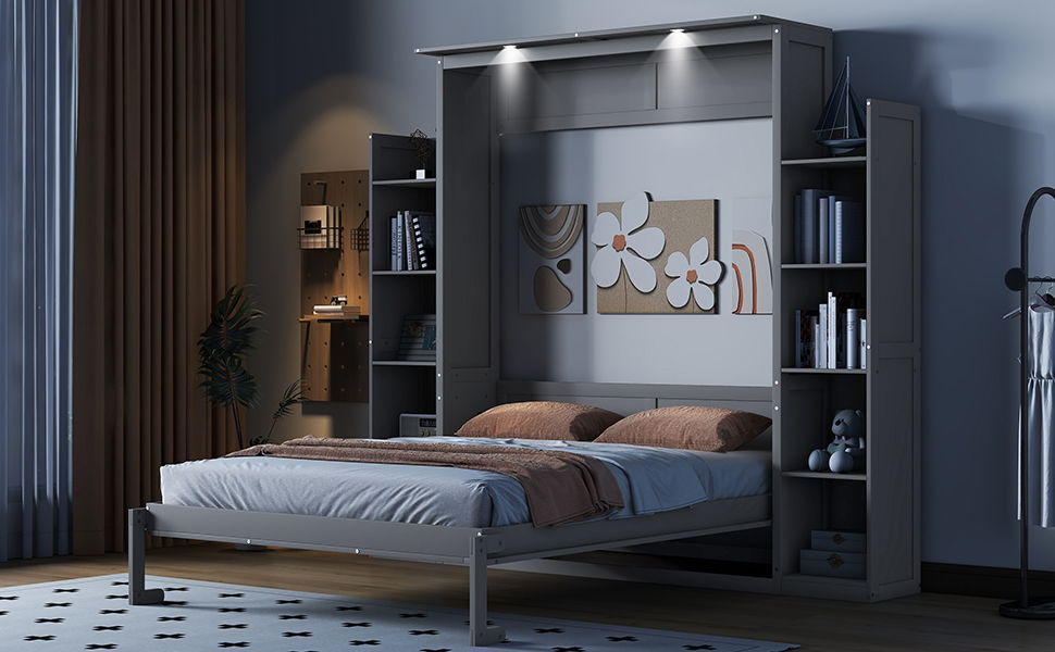 Wall Murphy Bed With Shelves And LED Lights