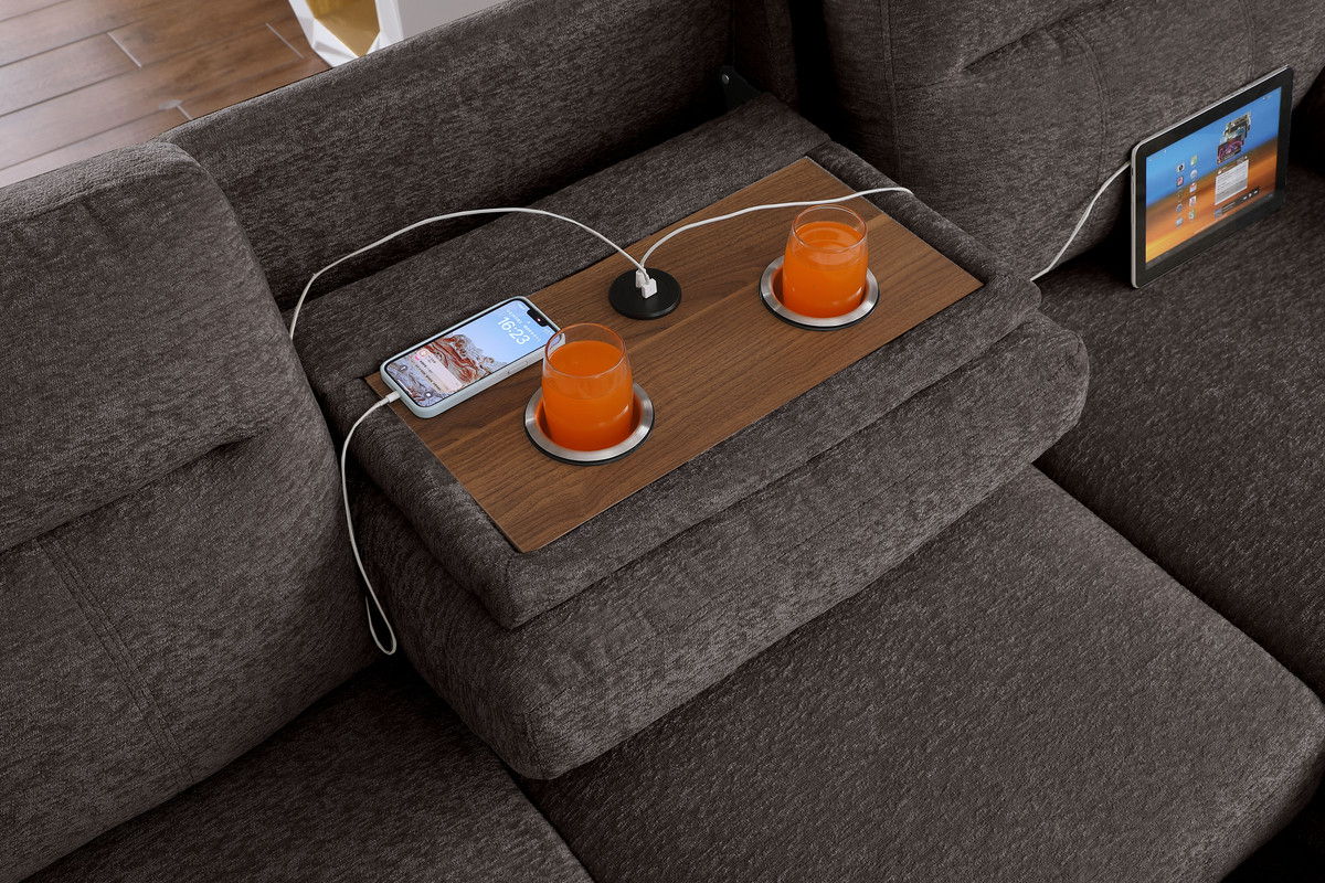 Kipling II 94"W Brown Chenille Fabric Sleeper Sectional Sofa with Right-Facing Chaise, Cupholders, USB Charging port