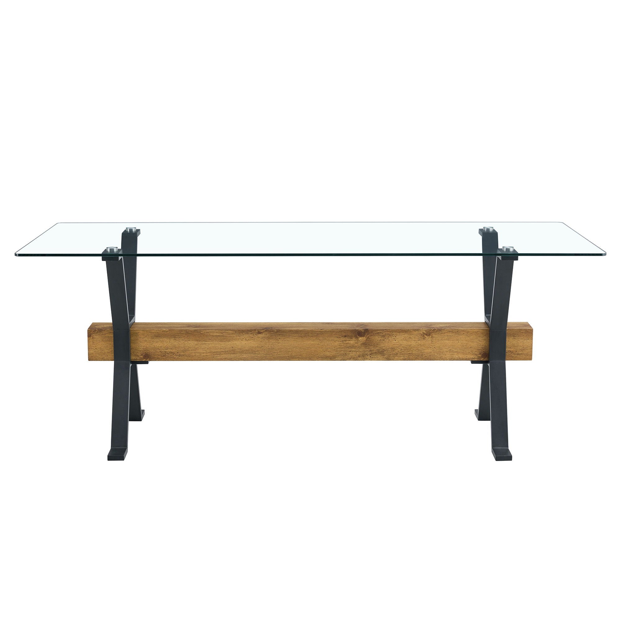 Elegant Tempered Glass Dining Table With X Shaped Metal Legs And Wood Grain Crossbeam - Black / Transparent