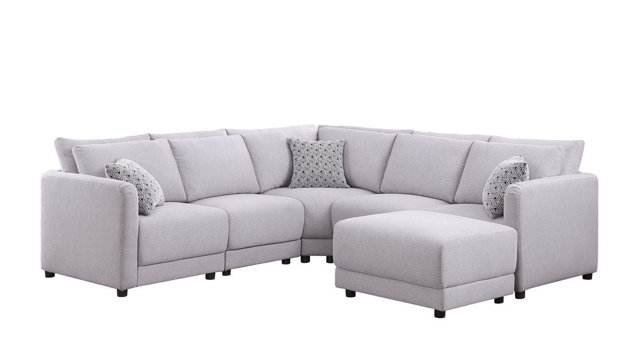 Penelope 94.5"W Light Gray Linen Fabric Reversible L-Shape Sectional Sofa with Ottoman and Pillows