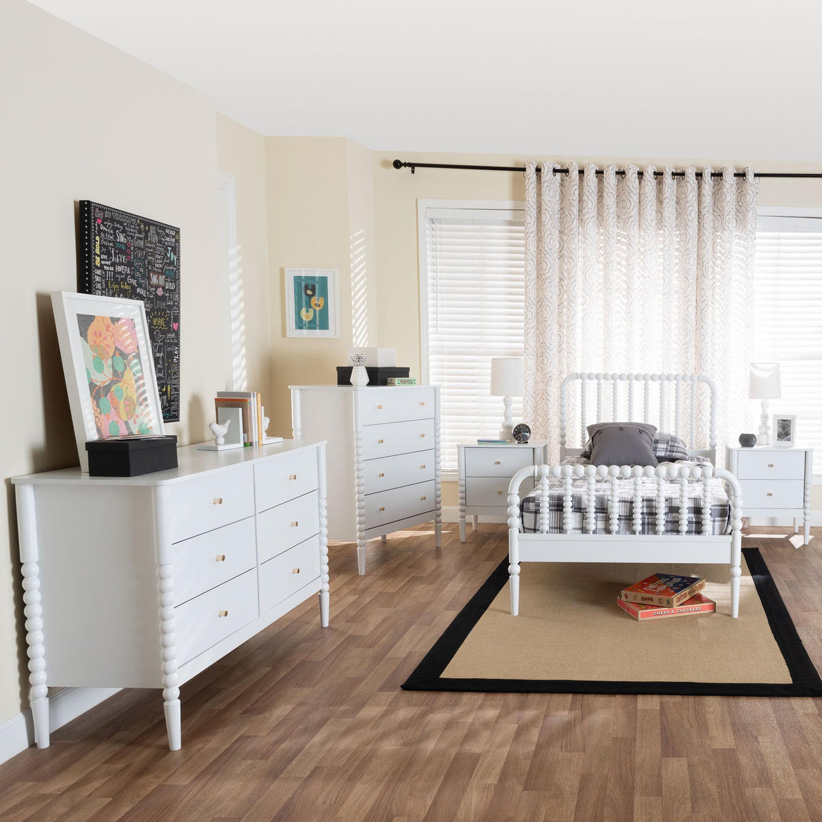 Lucera Mid-Century White Twin Size 5-Piece Bobbin Bedroom Set