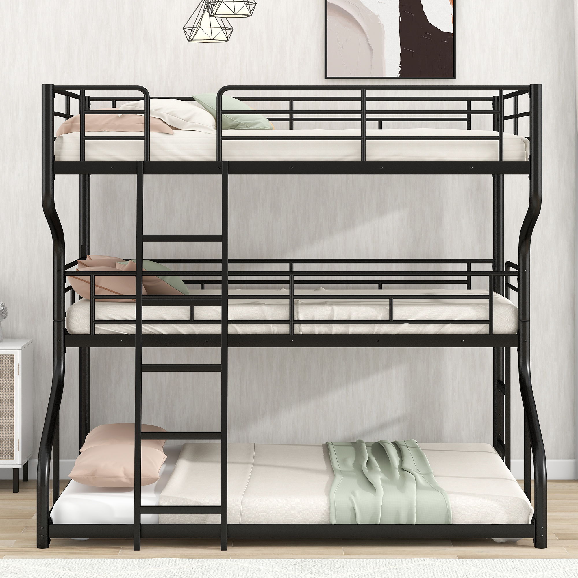 Industrial Triple Bunk Bed With Dual Ladders Frame, Space Saving Design