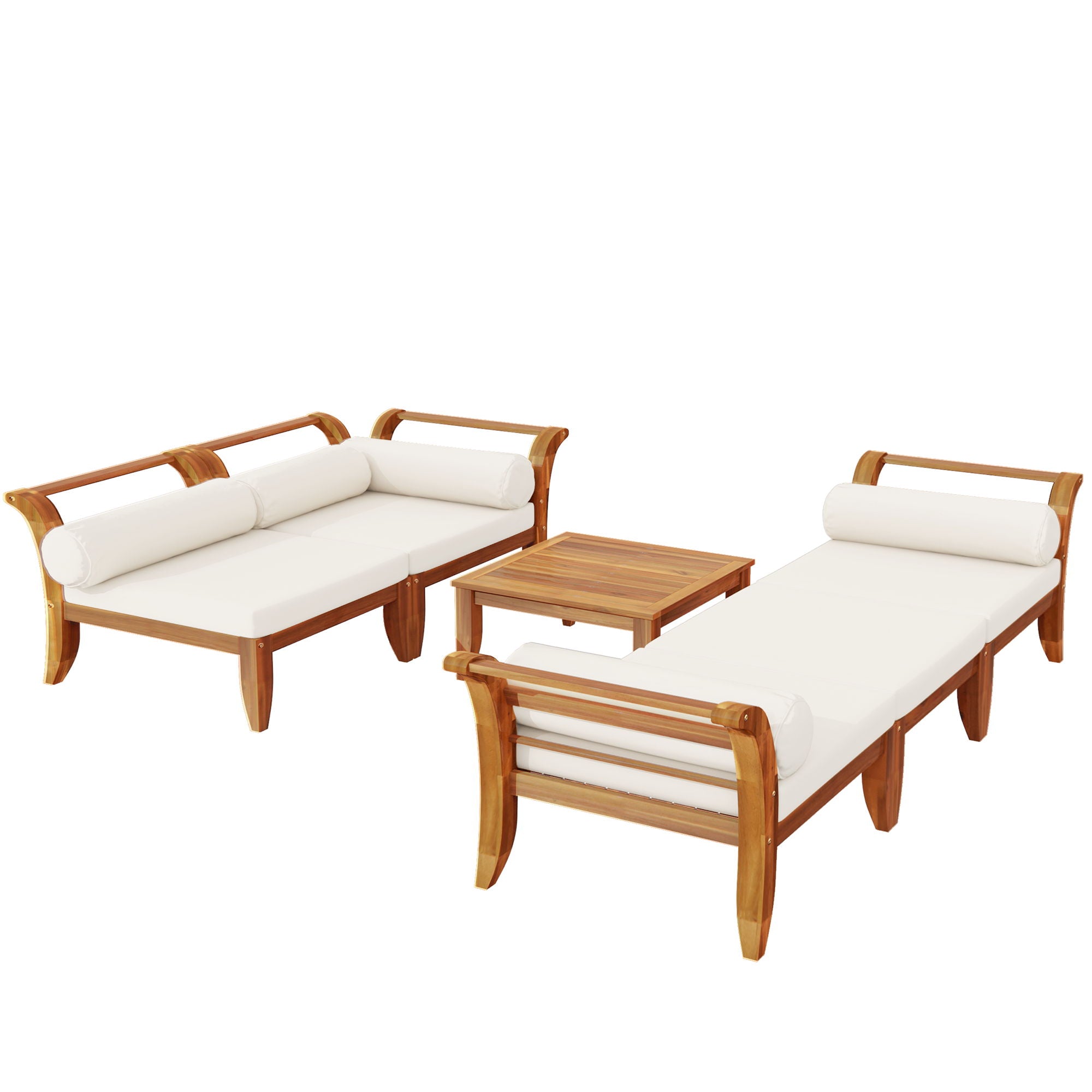 6 Piece Patio Sofa Set, Acacia Wood Outdoor Modular Sectional Garden Furniture Set L Shaped Conversation Set, Convertible Daybed With Tea Table, Ottoman, 5 Cushions And Pillows - Teak / Beige