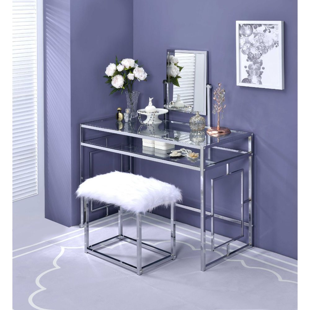 Carenze II - Vanity Set - White Faux Fur & Chrome