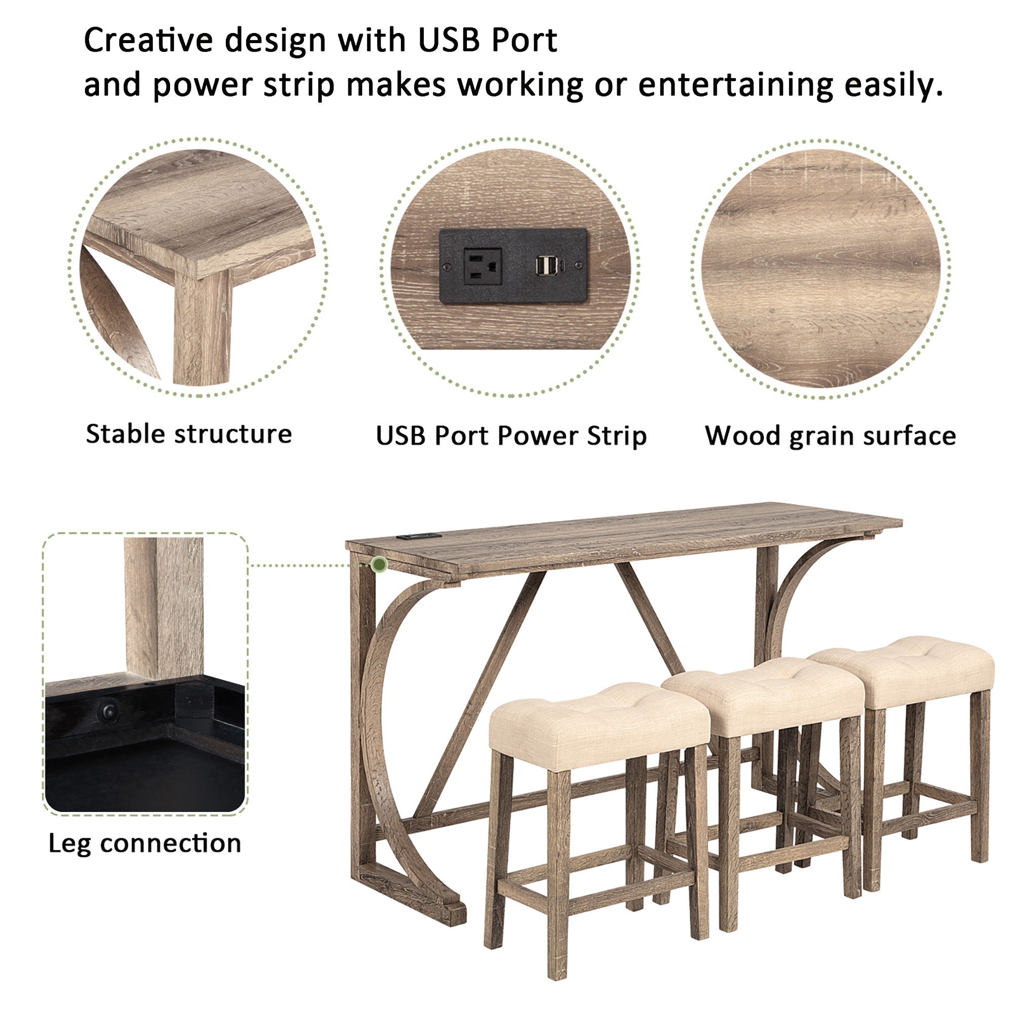 Bar Table Set With 3 Padded Stools