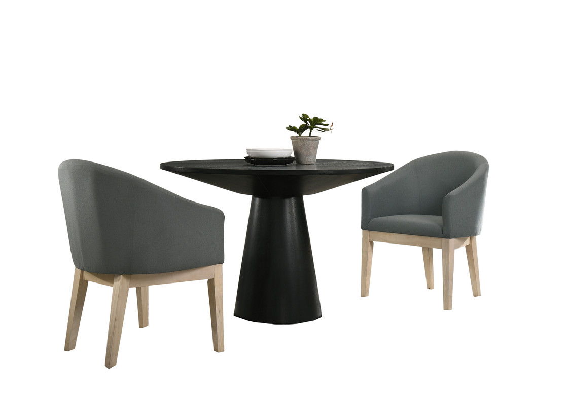 Jasper Ebony Black 3 Piece 47" Round Dining Table Set with Pedestal Base and Gray Barrel Chairs