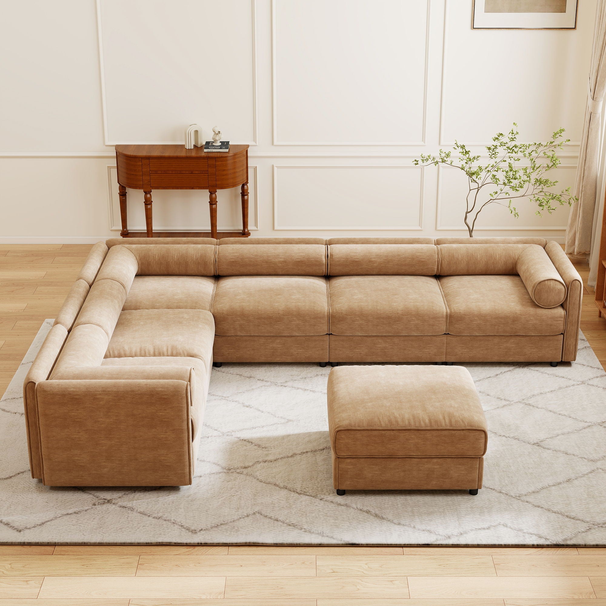 Contemporary Elegant White Chenille Sofa With Storage And Ottoman