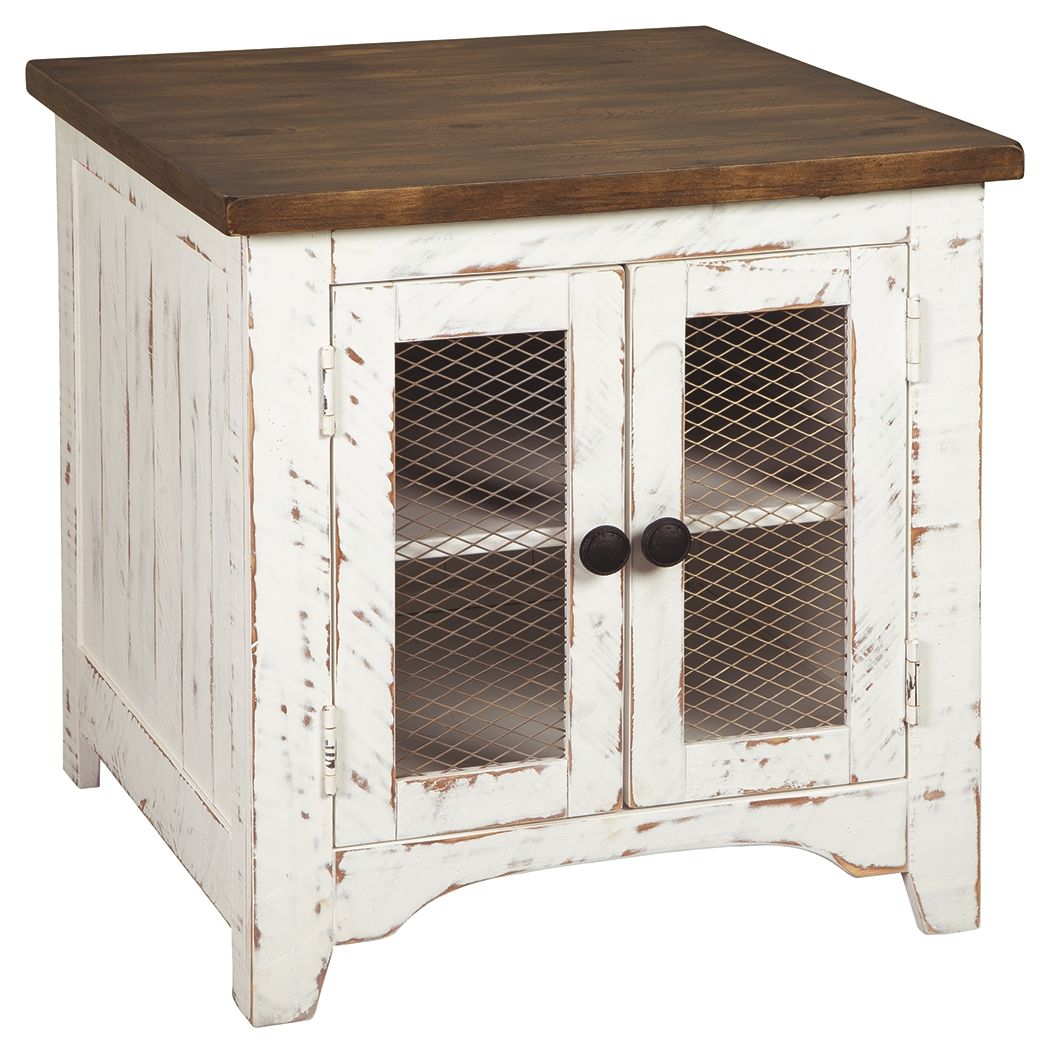 Ashley Furniture Wystfield - White / Brown - Rectangular End Table - 2 Doors | Meri Furniture