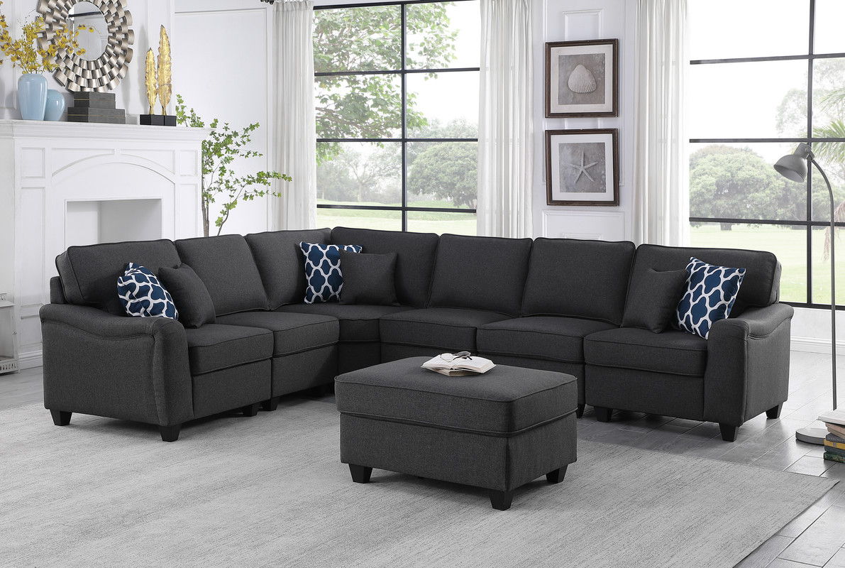 Leo 125"W Dark Gray Linen 7Pc Modular L-Shape Sectional Sofa and Ottoman