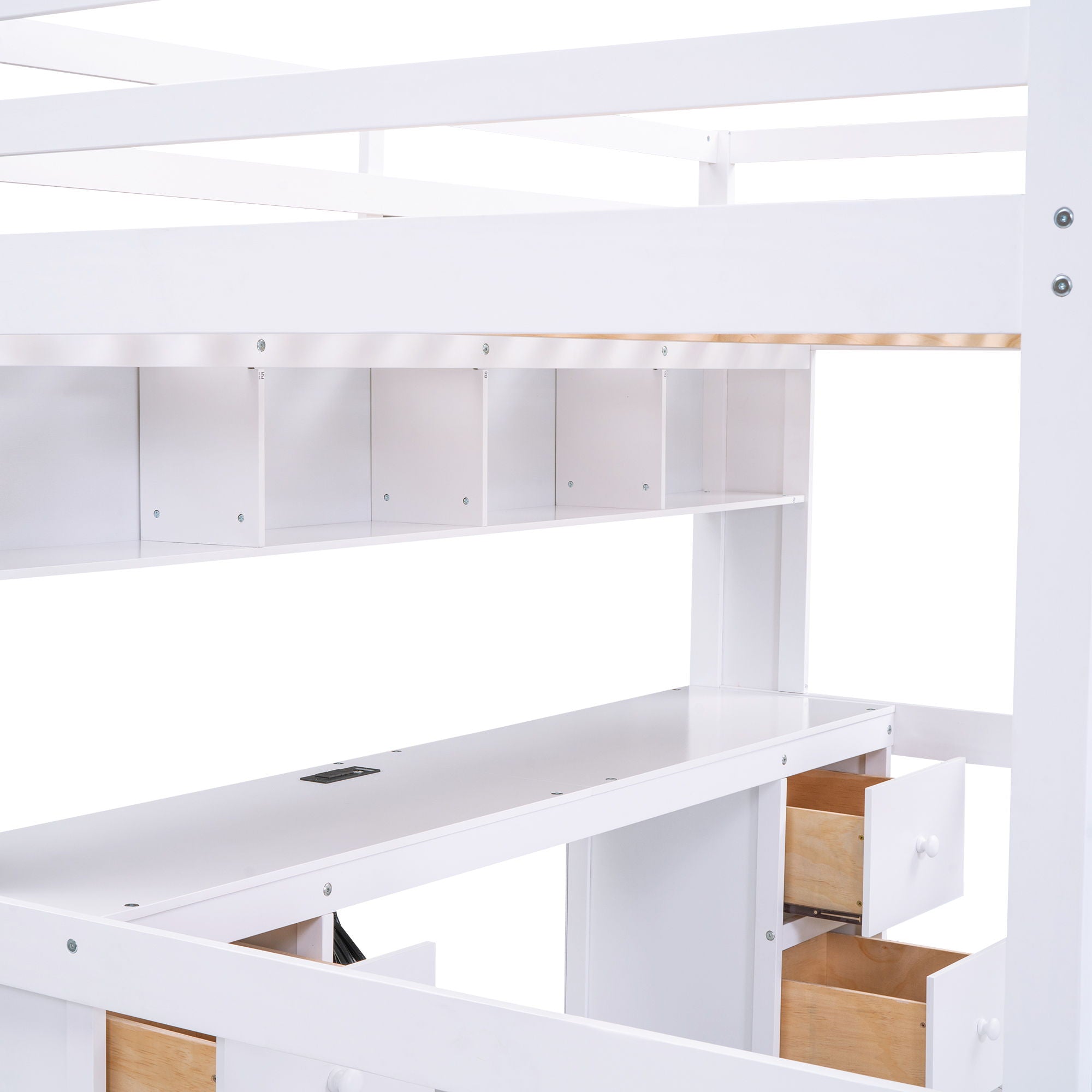Loft Bed With Desk, Cabinets, Drawers, Charging Station And Bedside Tray