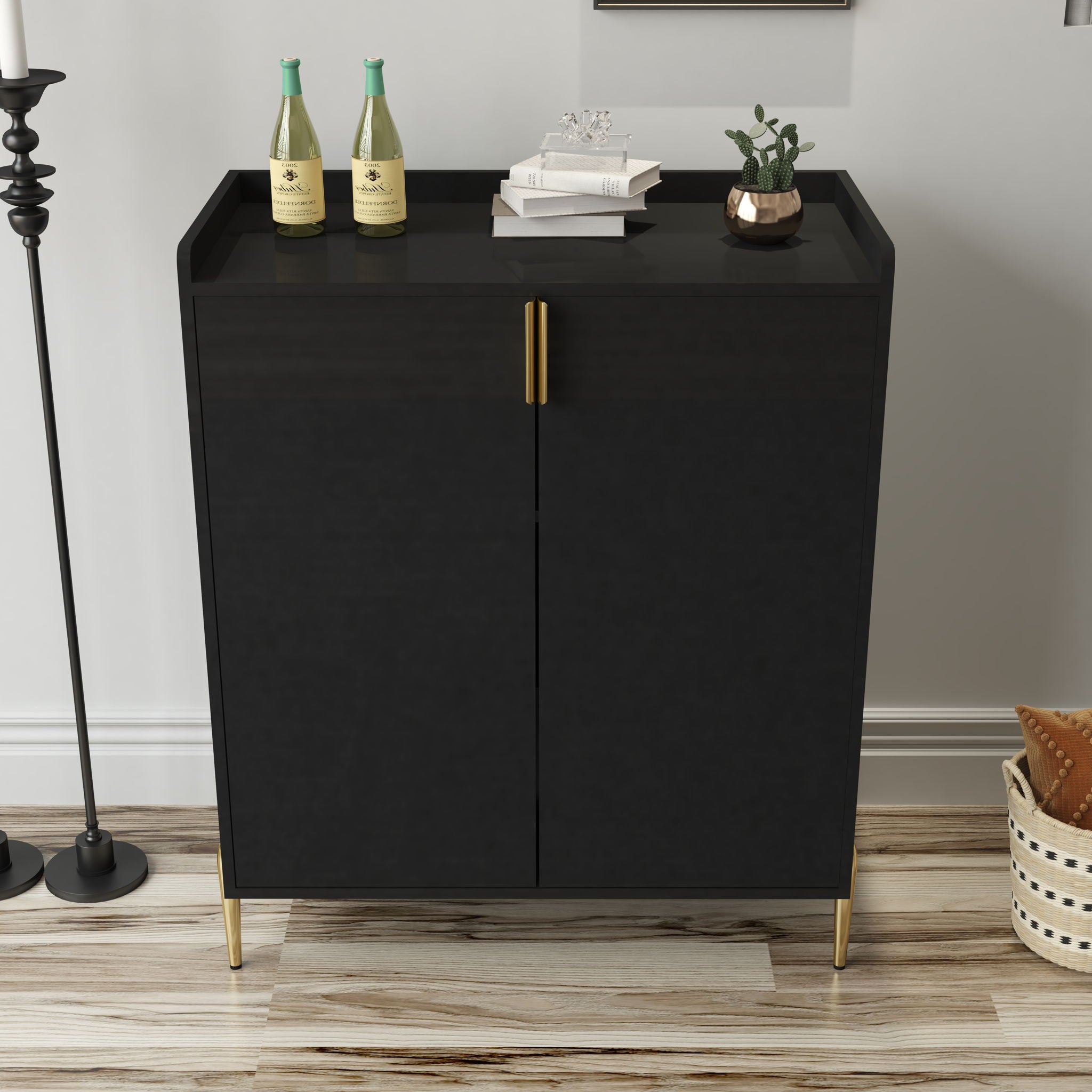Wine Bar Cabinet With Adjustable Shelf, 2 Door Sideboard With Soft-Closing Hinges And Feet