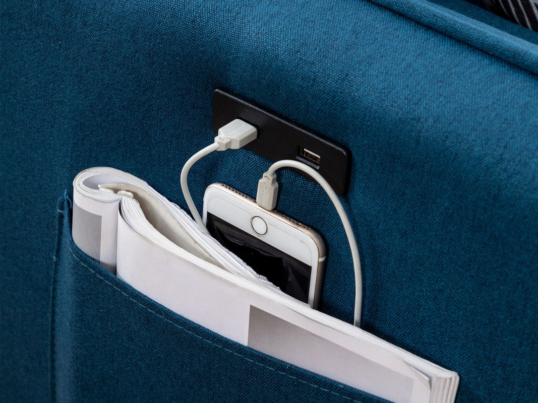 Mia 70"W Blue Sectional Sofa Chaise with USB Charger & Pillows