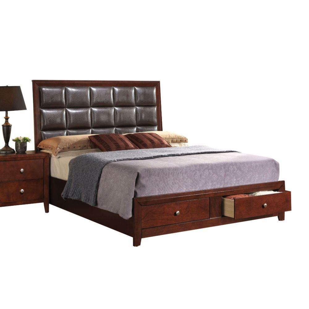 ACME Ilana - Queen Bed - Brown PU & Brown Cherry | Meri Furniture