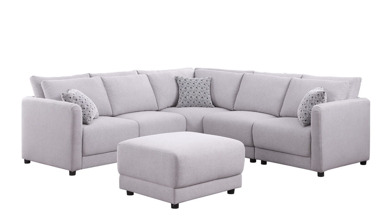 Penelope 94.5"W Light Gray Linen Fabric Reversible L-Shape Sectional Sofa with Ottoman and Pillows