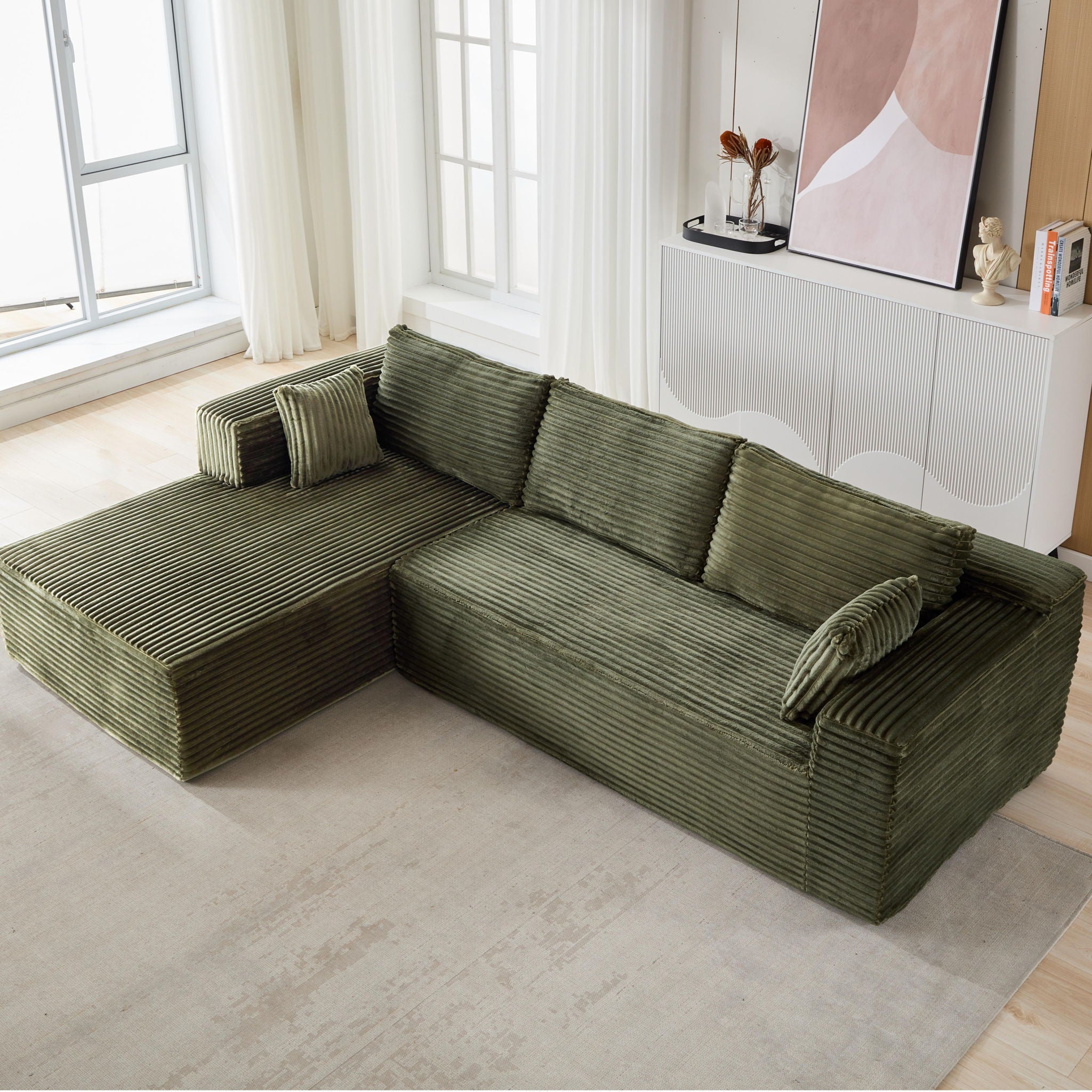 Compression Sectional Couch With Comfy Chaise, Boneless L Shape Sofa With Deep Seat