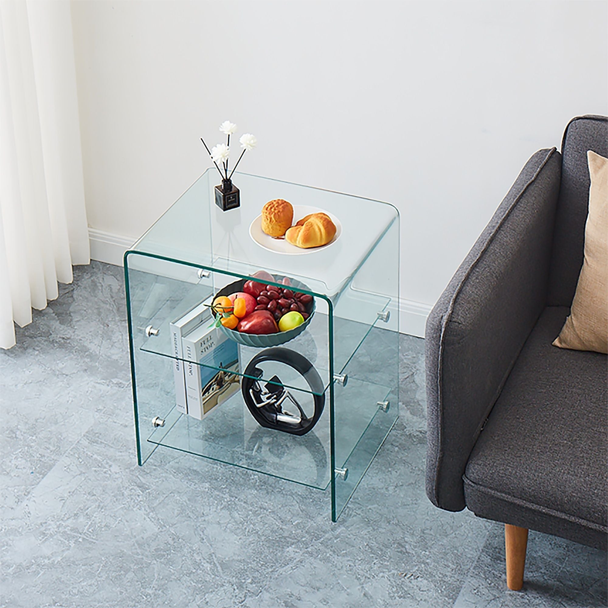 Tempered Clear Bent Glass Side Table Sofa Table, Multi Purpose Use, Premium Tempered Glass - Transparent
