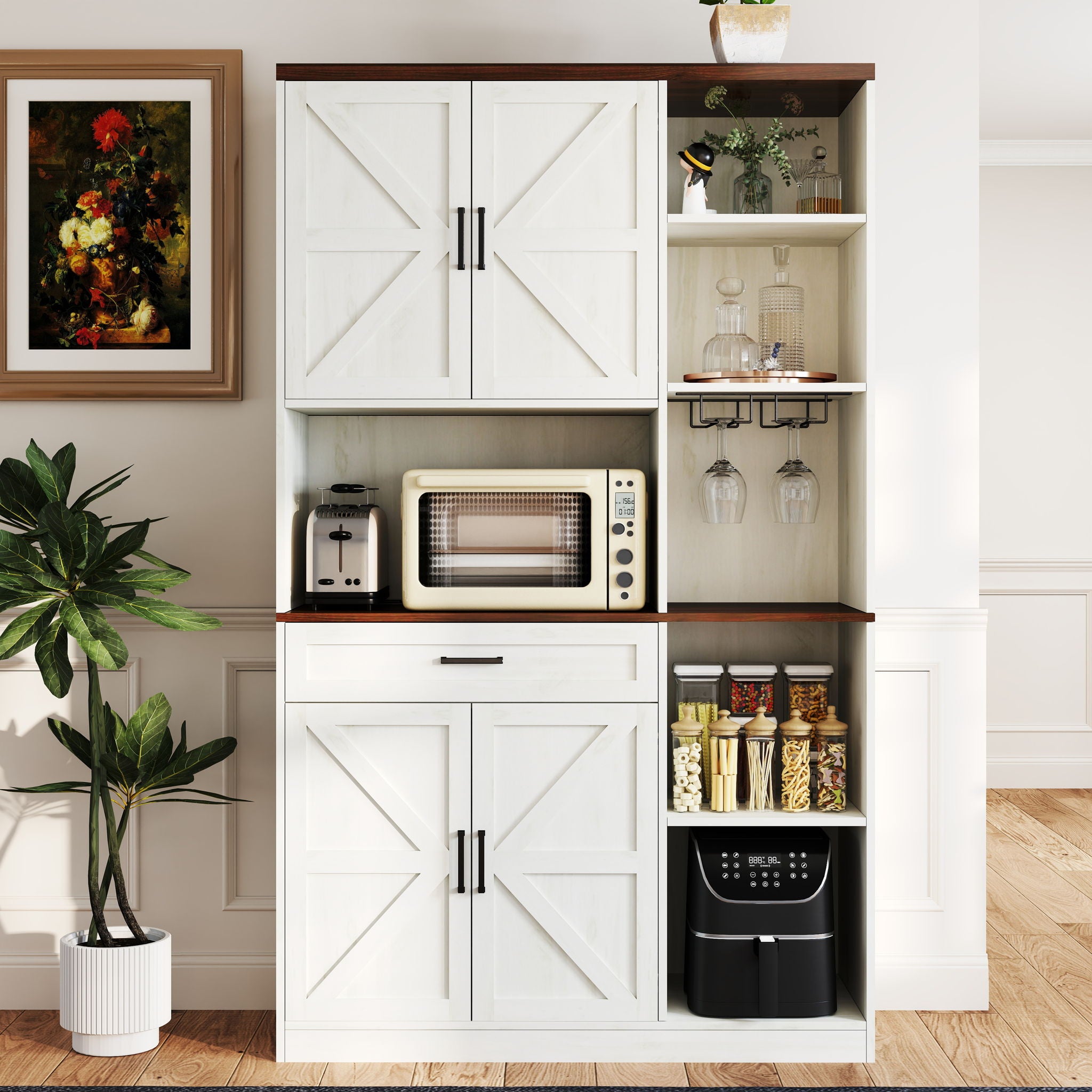 Farmhouse Kitchen Pantry Sideboard With Cabinet And Drawer, Multi Functional Kitchen Buffet With Hutch And Glass Holder, Microwave Stand With Charging Station - Brown / Antique White