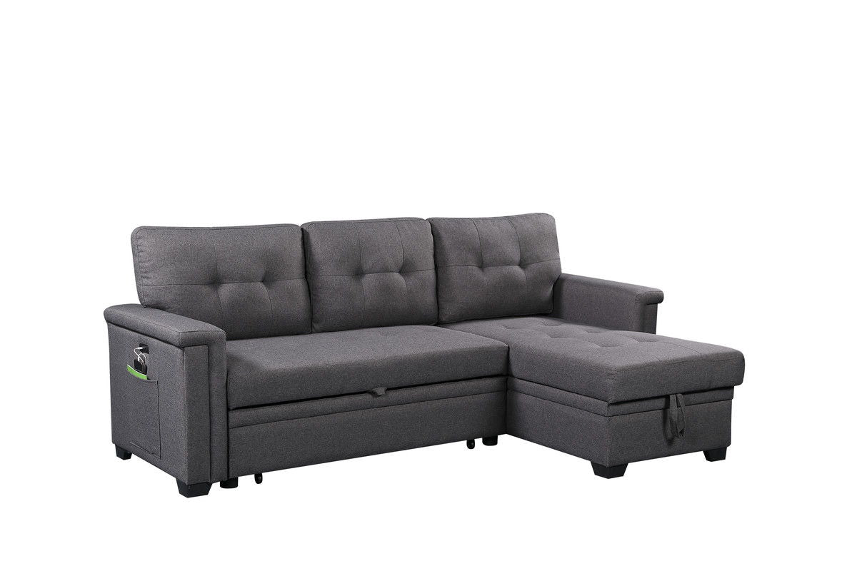 Ashlyn 84"W Dark Gray Reversible Sleeper Sectional Sofa with Storage Chaise, USB Charging Ports and Pocket