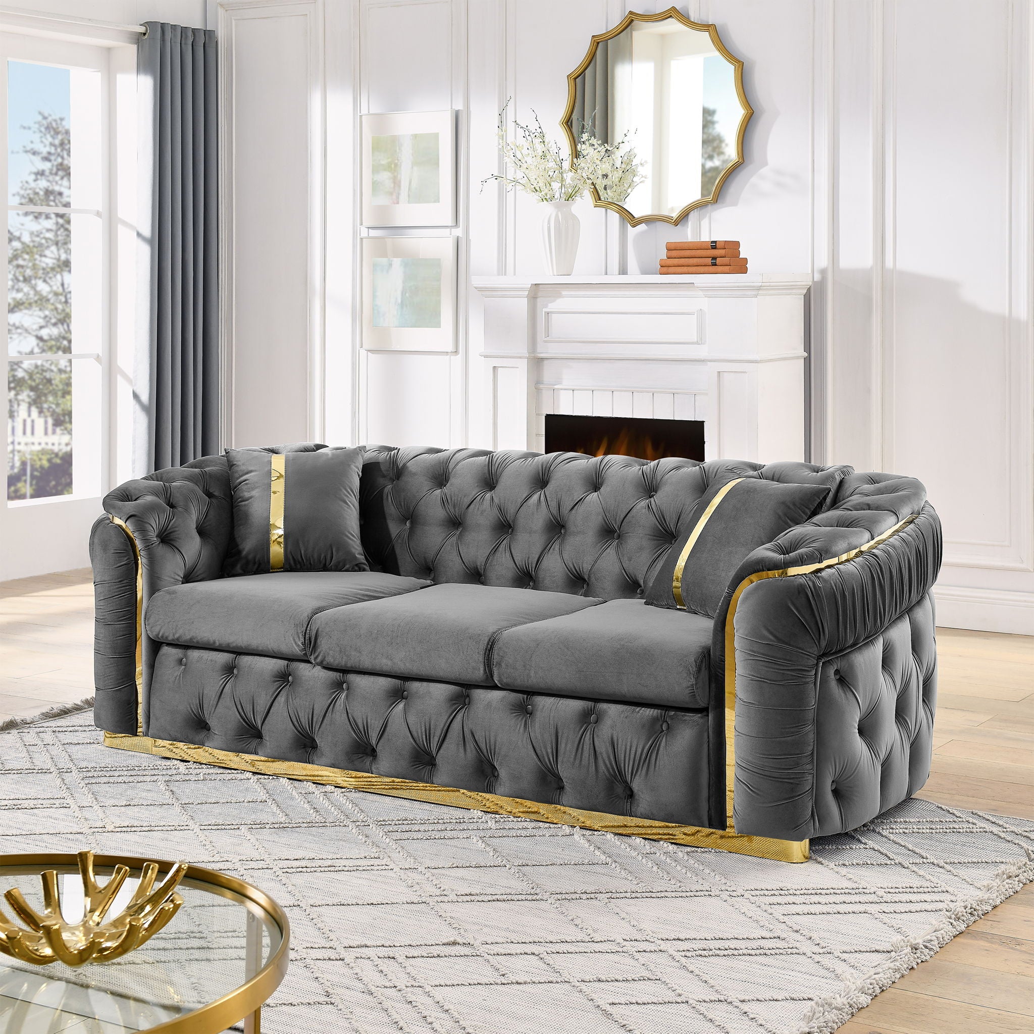 Button Tufted Couch With 2 Pillows, 3 Seater Luxury Chesterfield Sofa