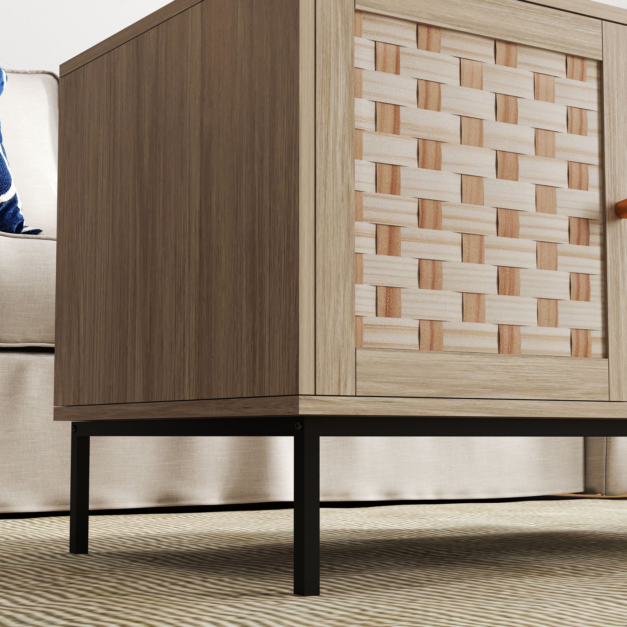 Elegant Veener Weaving Design Coffee Table With 4 Sliding Doors - Natural Wood