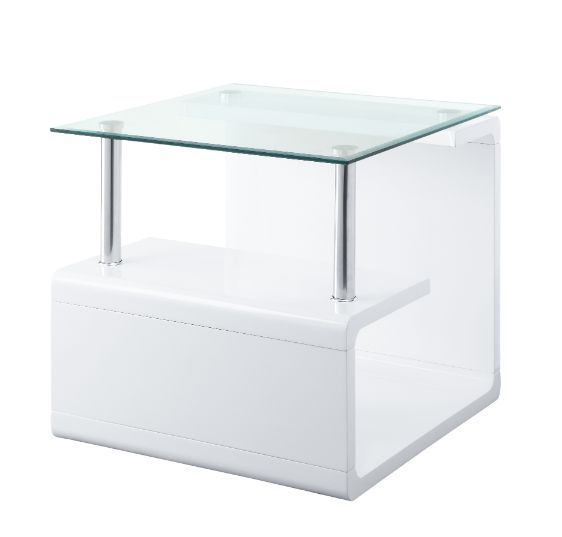 ACME Nevaeh - End Table - Clear Glass & White High Gloss Finish | Meri Furniture