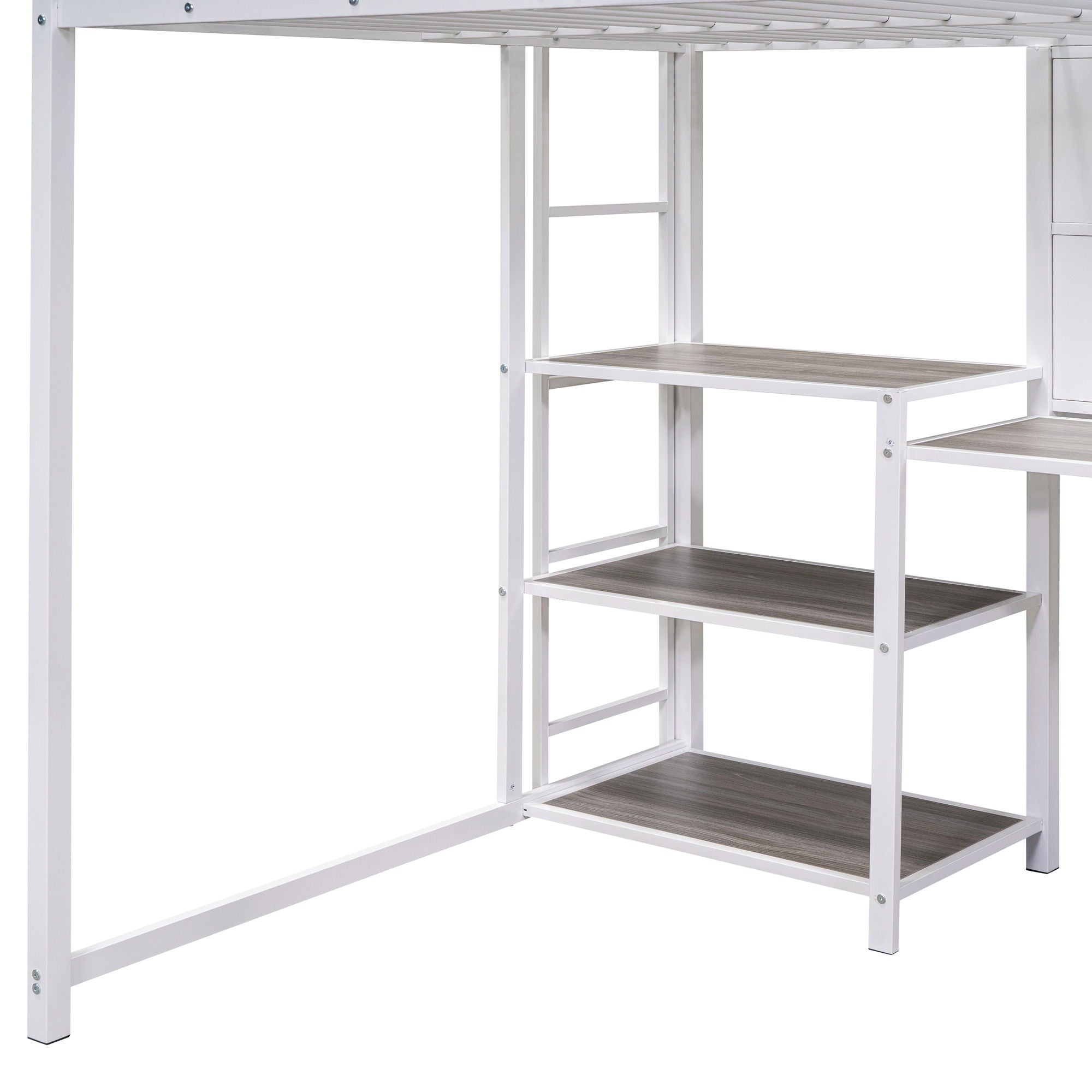 Metal Loft Bed With Desk, 3 Shelves And Ladder