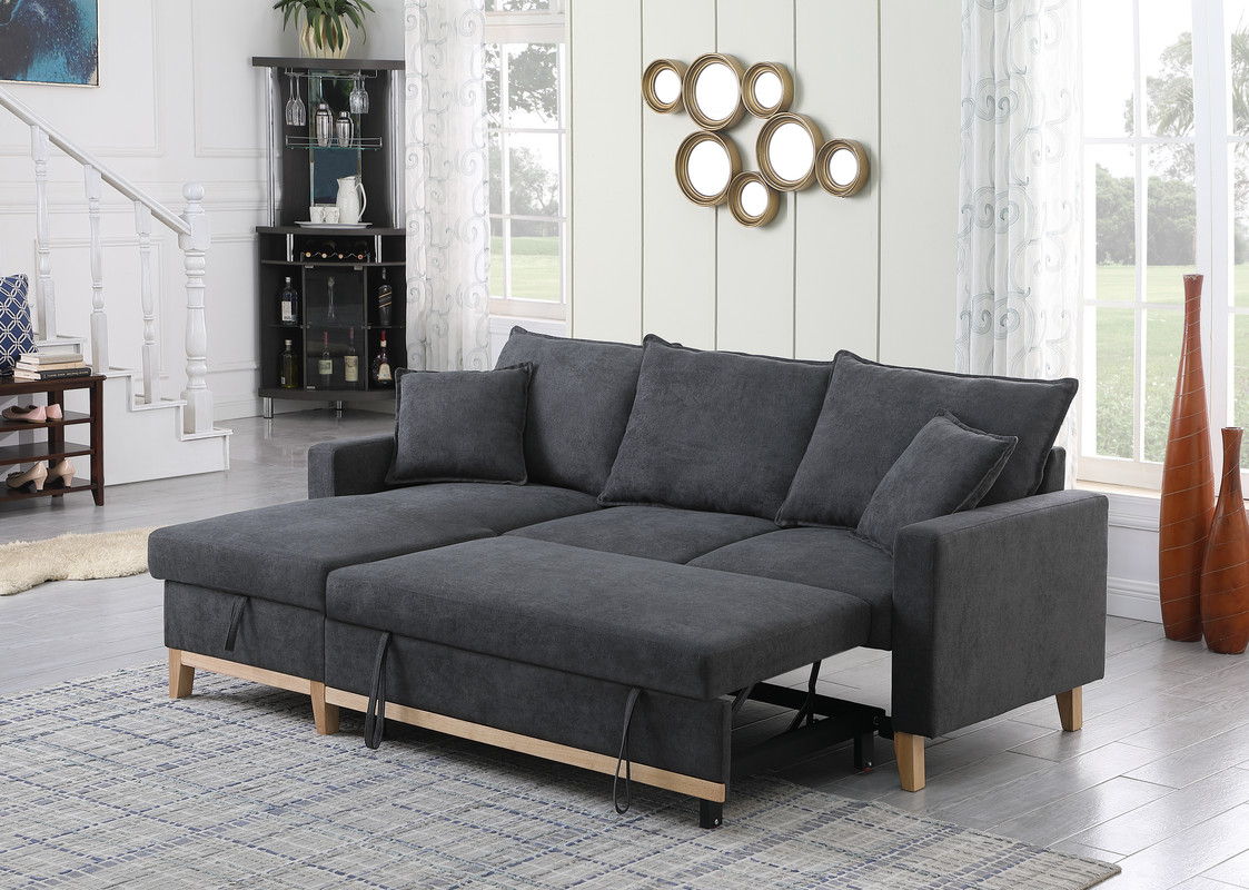 Colton 84.25"W Dark Gray Woven Reversible Sleeper Sectional Sofa with Storage Chaise