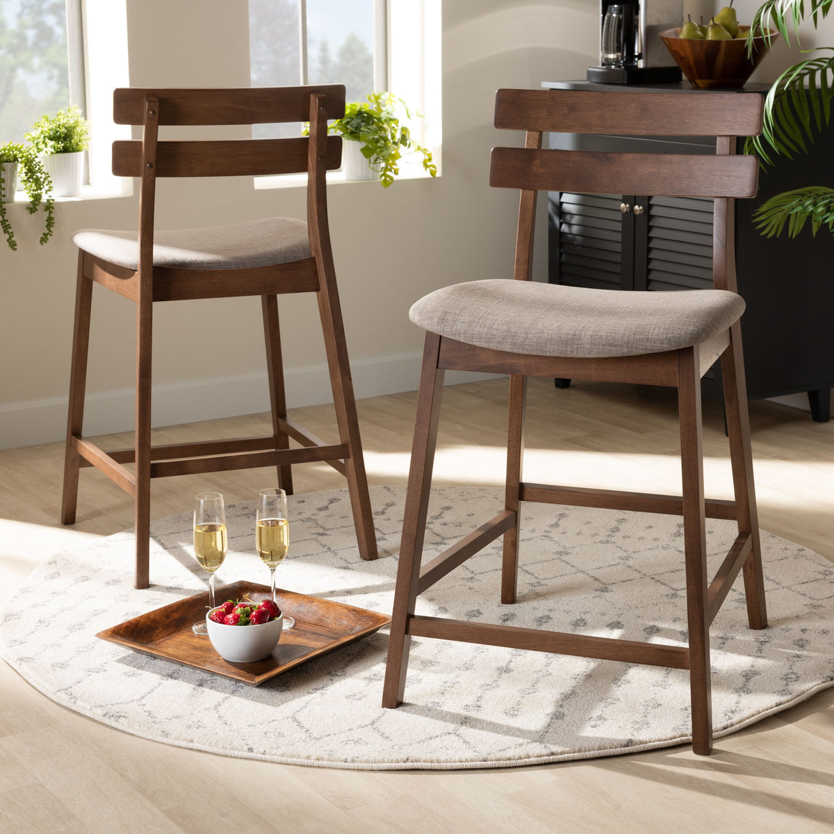 Larine Modern and Contemporary Light Grey Fabric Upholstered Walnut Finished 2-Piece Wood Counter Stool Set