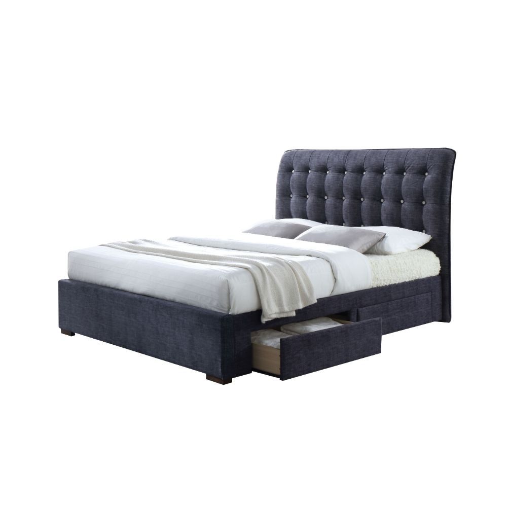ACME The Drorit platform bed is stunning with its soft, sleigh style, button tufted headboard. This bed also features storage side rails and footboard wrapped in the same fabric. Bring a touch of class and character to your home with this remarkable bed.