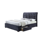 ACME The Drorit platform bed is stunning with its soft, sleigh style, button tufted headboard. This bed also features storage side rails and footboard wrapped in the same fabric. Bring a touch of class and character to your home with this remarkable bed.