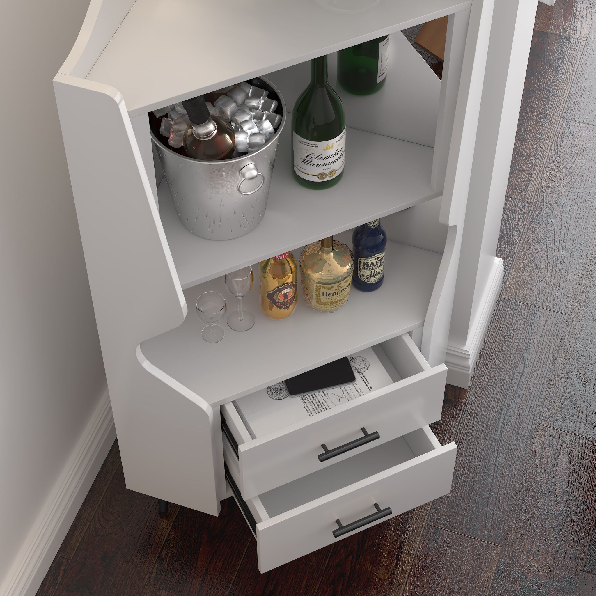Corner Bar Cabinet With Mirrored Back, 2 Open Shelves & 2 Drawers, High Legs For Easy Cleaning