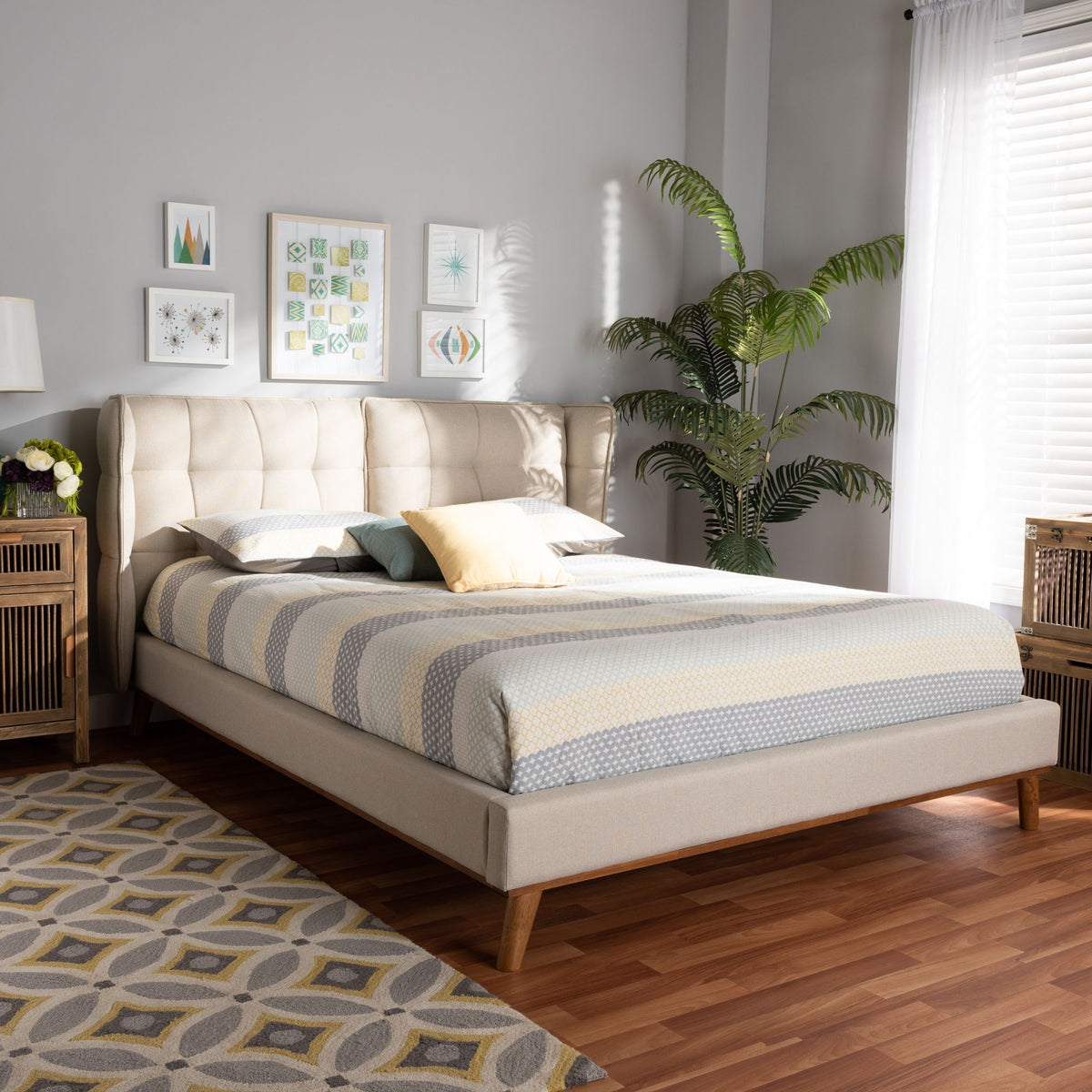 Gretchen Modern and Contemporary Light Beige Fabric Upholstered and Walnut Brown Finished Wood Queen Size Platform Wingback Bed