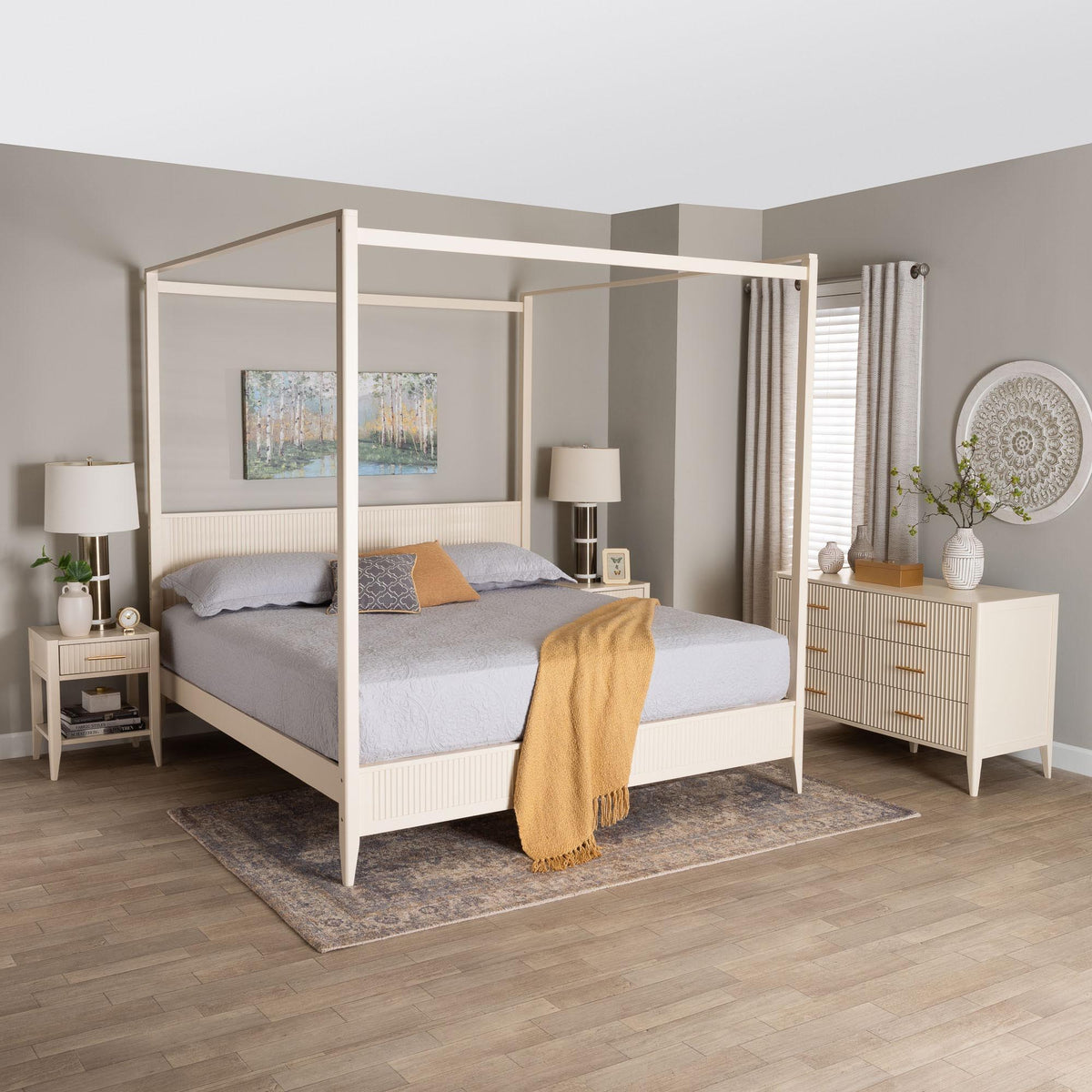 Primrose Mid-Century Ivory Fluted Wood King Size 4-Piece CaNopy Bedroom Set