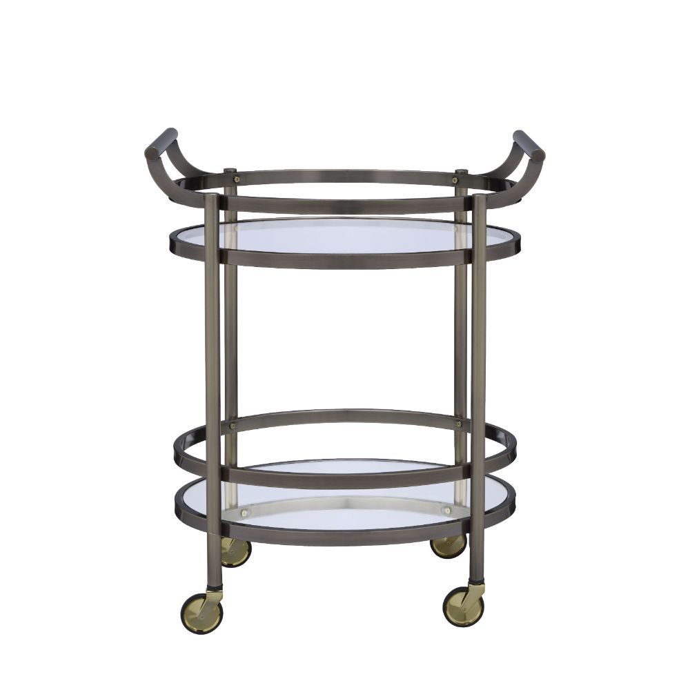 Show off your personality with the Lakelyn serving cart. The clear tempered glass top and mirror bottom are the ideal place for placing your dishes and dining accessories. Roll it where need be on its softer rubber wheels and prepare to entertain.