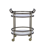 Show off your personality with the Lakelyn serving cart. The clear tempered glass top and mirror bottom are the ideal place for placing your dishes and dining accessories. Roll it where need be on its softer rubber wheels and prepare to entertain.