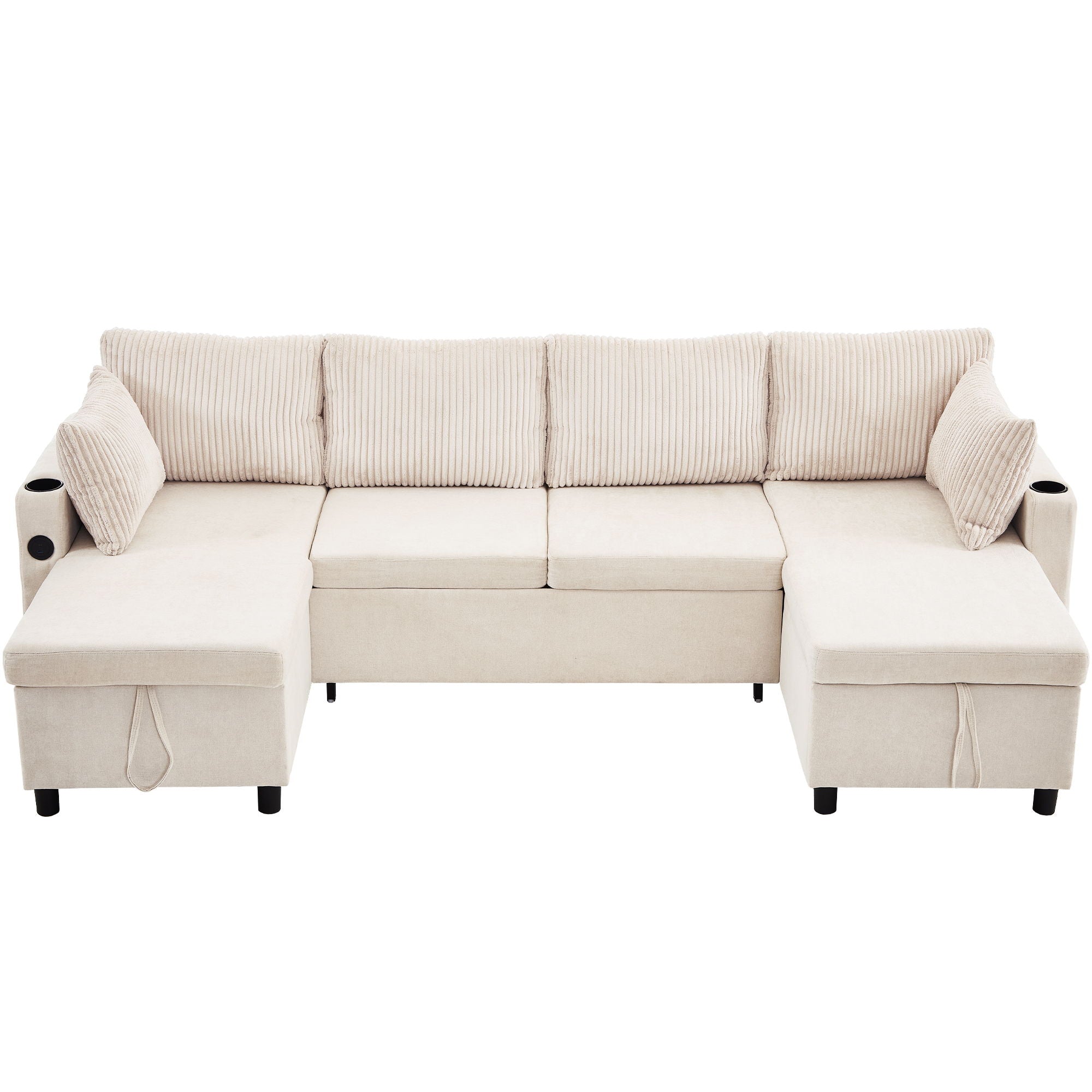 Sectional Sofa Bed With Pull Out Sleeper, USB Ports, Cup Holders