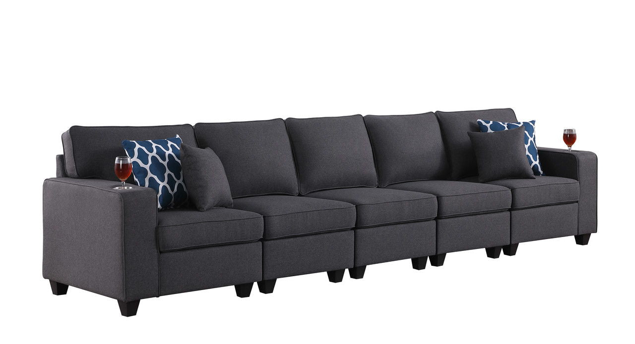 Cooper 145.5"W Dark Gray Linen 5-Seater Sofa with Cupholder