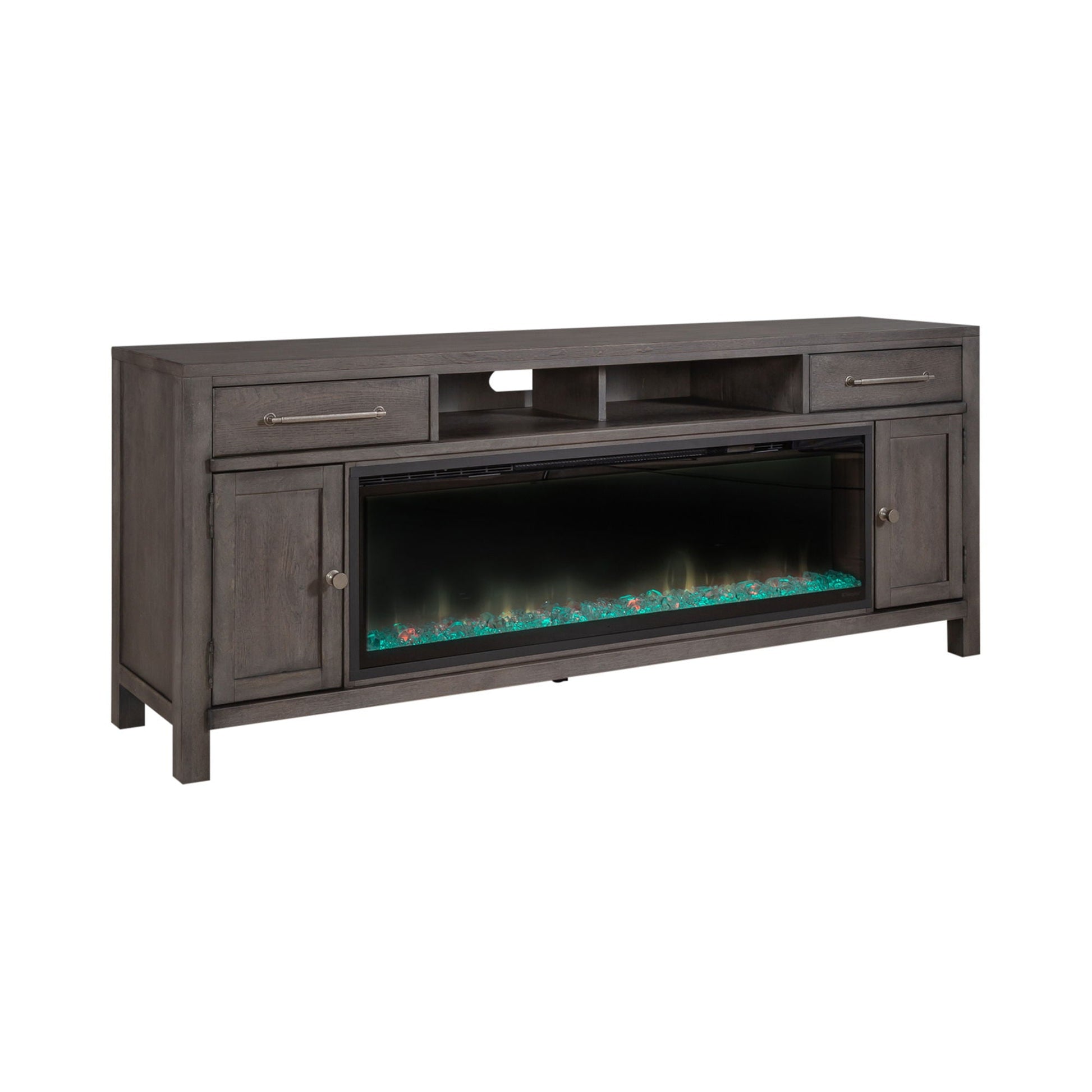 Liberty Furniture Modern Farmhouse - 78" Console With Fire - Dark Gray | Meri Furniture