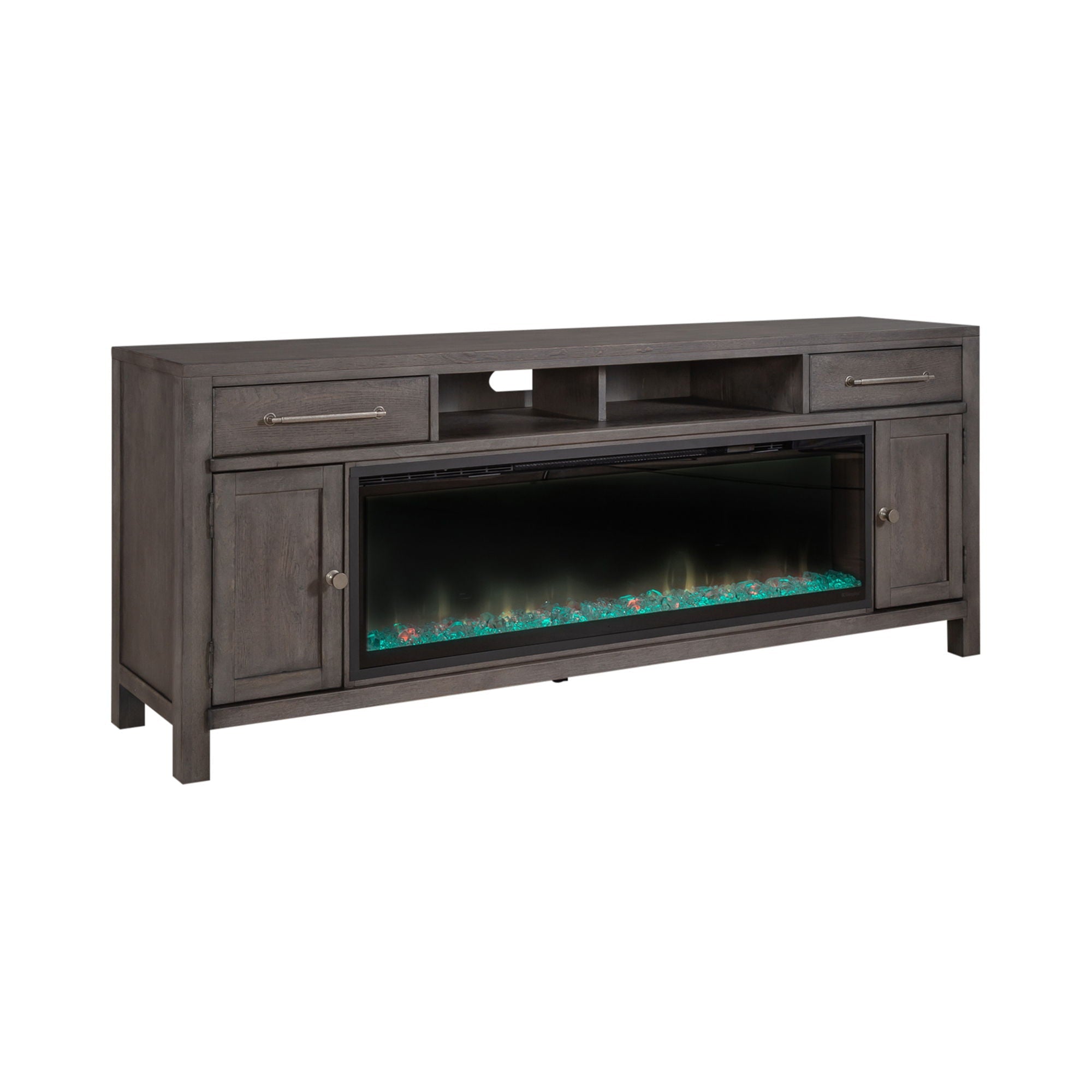 Liberty Furniture Modern Farmhouse - 78" Console With Fire - Dark Gray | Meri Furniture