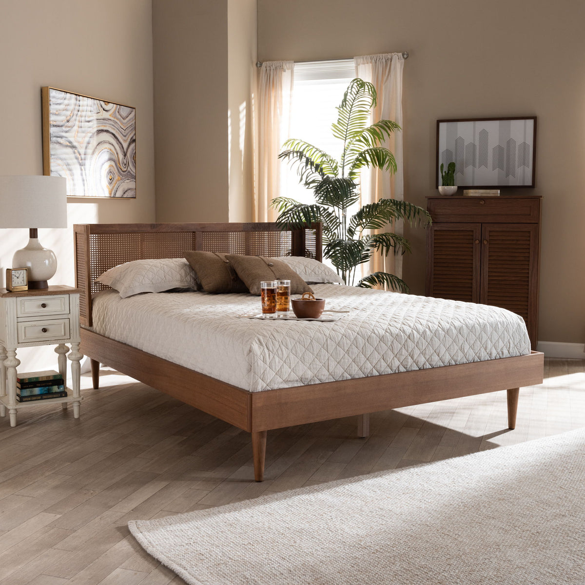 Rina Mid-Century Modern Ash Wanut Finished Wood and Synthetic Rattan Queen Size Platform Bed with Wrap-Around Headboard