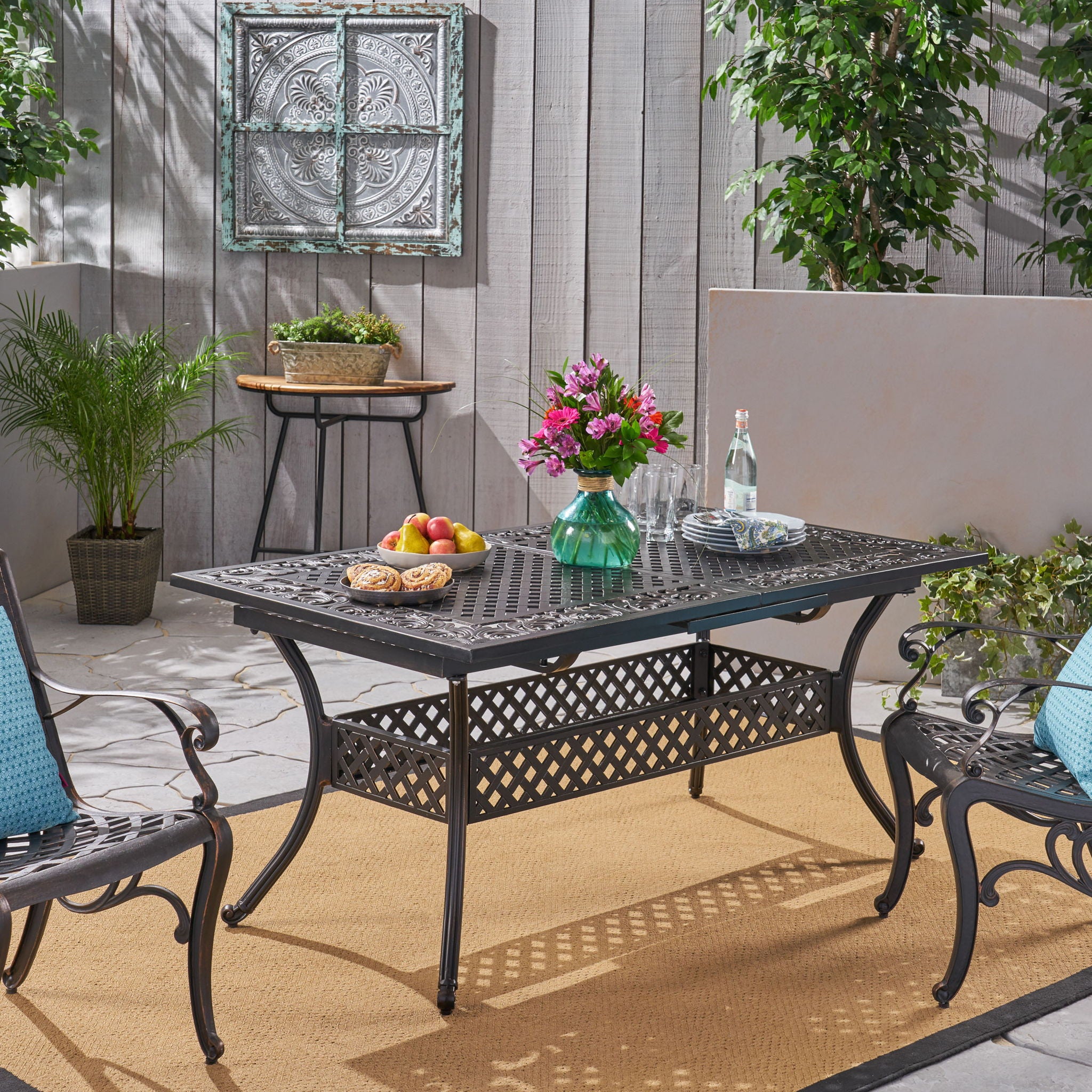 Outdoor Extendable Aluminum Dining Table With Pattern Table Top And Curved Legs - Copper