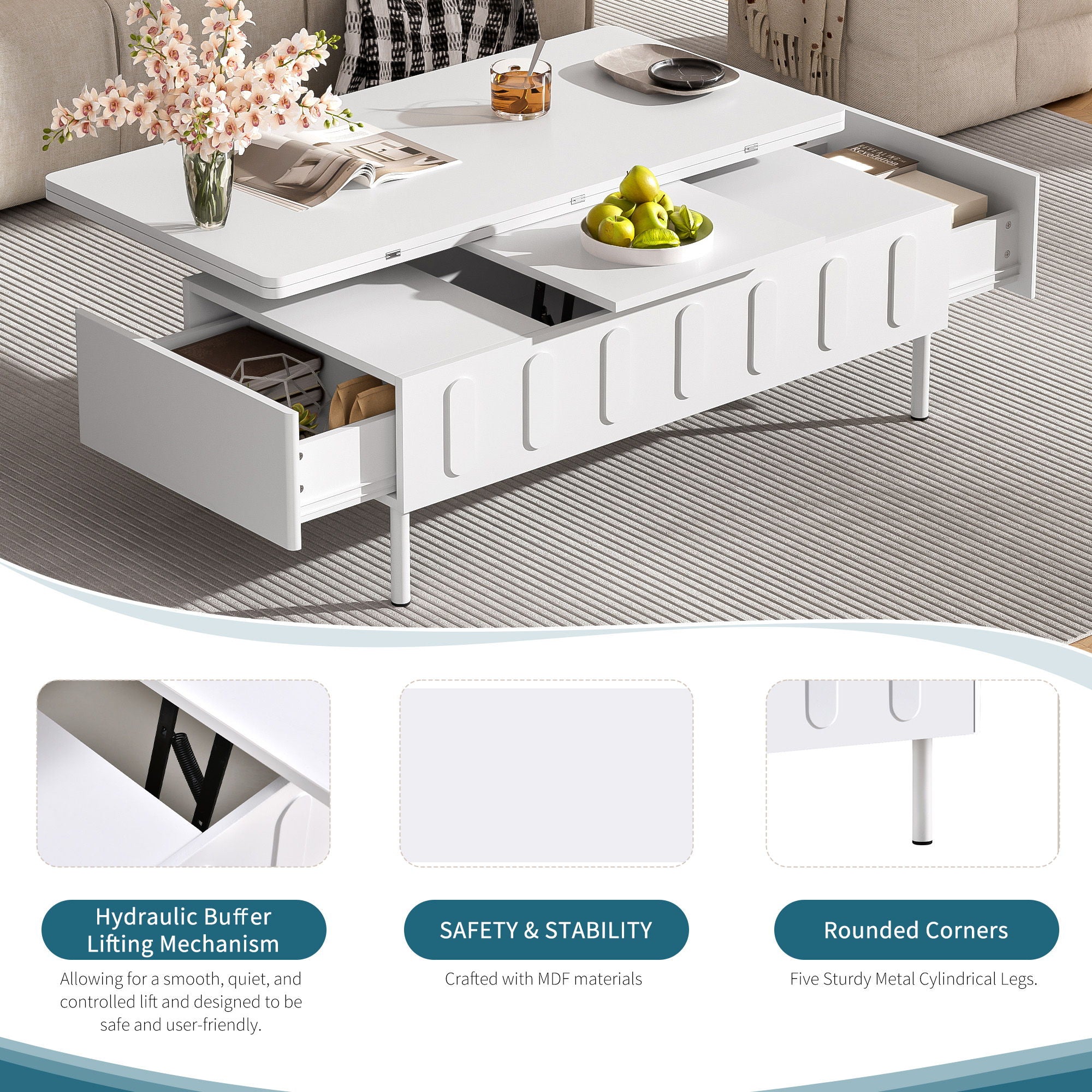 Lift Top Coffee Table With 2 Drawers With Hidden Storage Compartment For Living Room